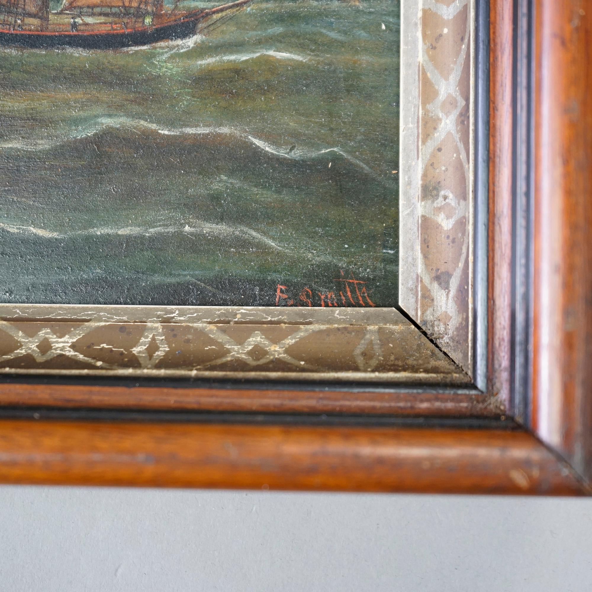 19th Century Antique Nautical Painting by F. Smith in Deep Walnut Frame, Oil on Board, c1890