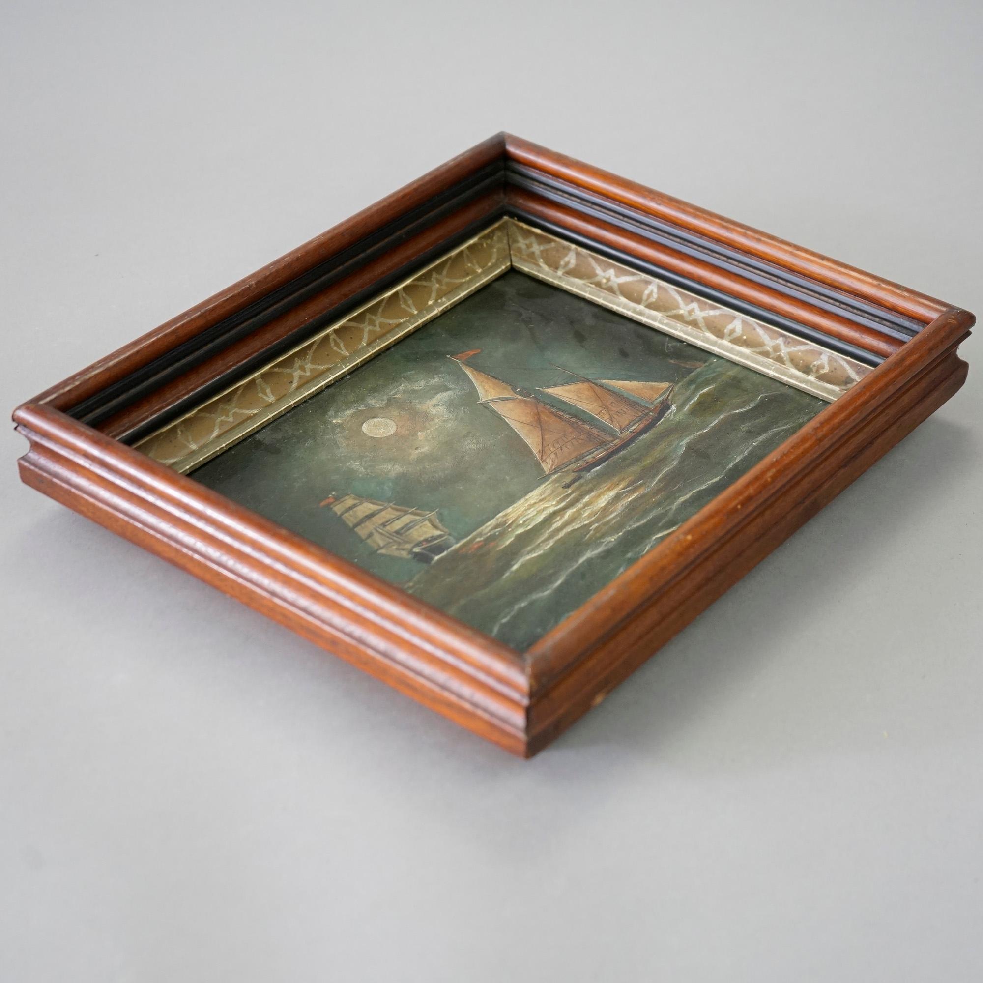 Antique Nautical Painting by F. Smith in Deep Walnut Frame, Oil on Board, c1890 1