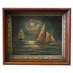 Antique Nautical Painting by F. Smith in Deep Walnut Frame, Oil on Board, c1890