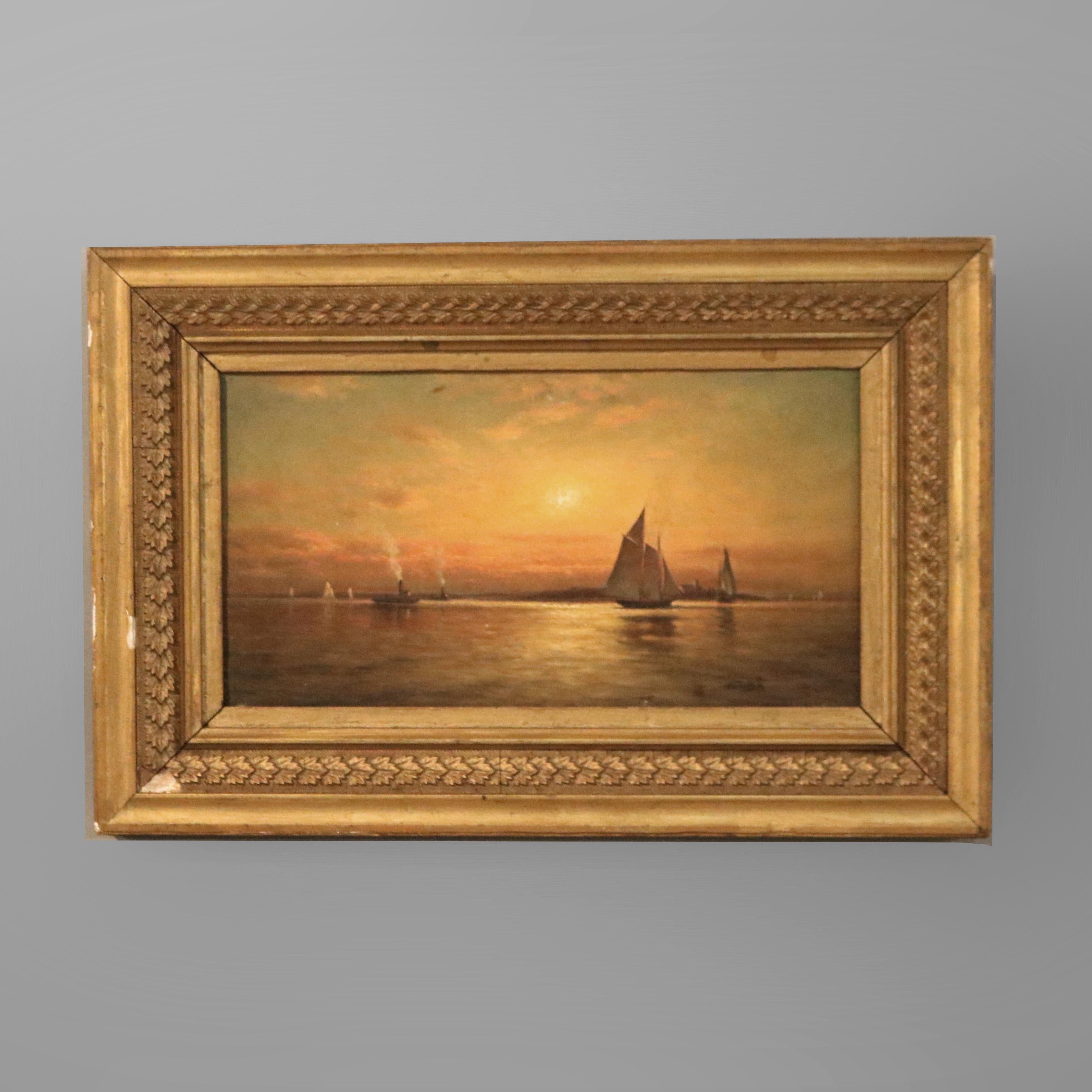 An antique nautical painting offers oil on canvas seascape at sunset with sail boats and steam ships, unsigned, c1880

Measures - overall 11.75''h x 17.75''w x 1.5''d; sight 7.25'' x 13.25''.
