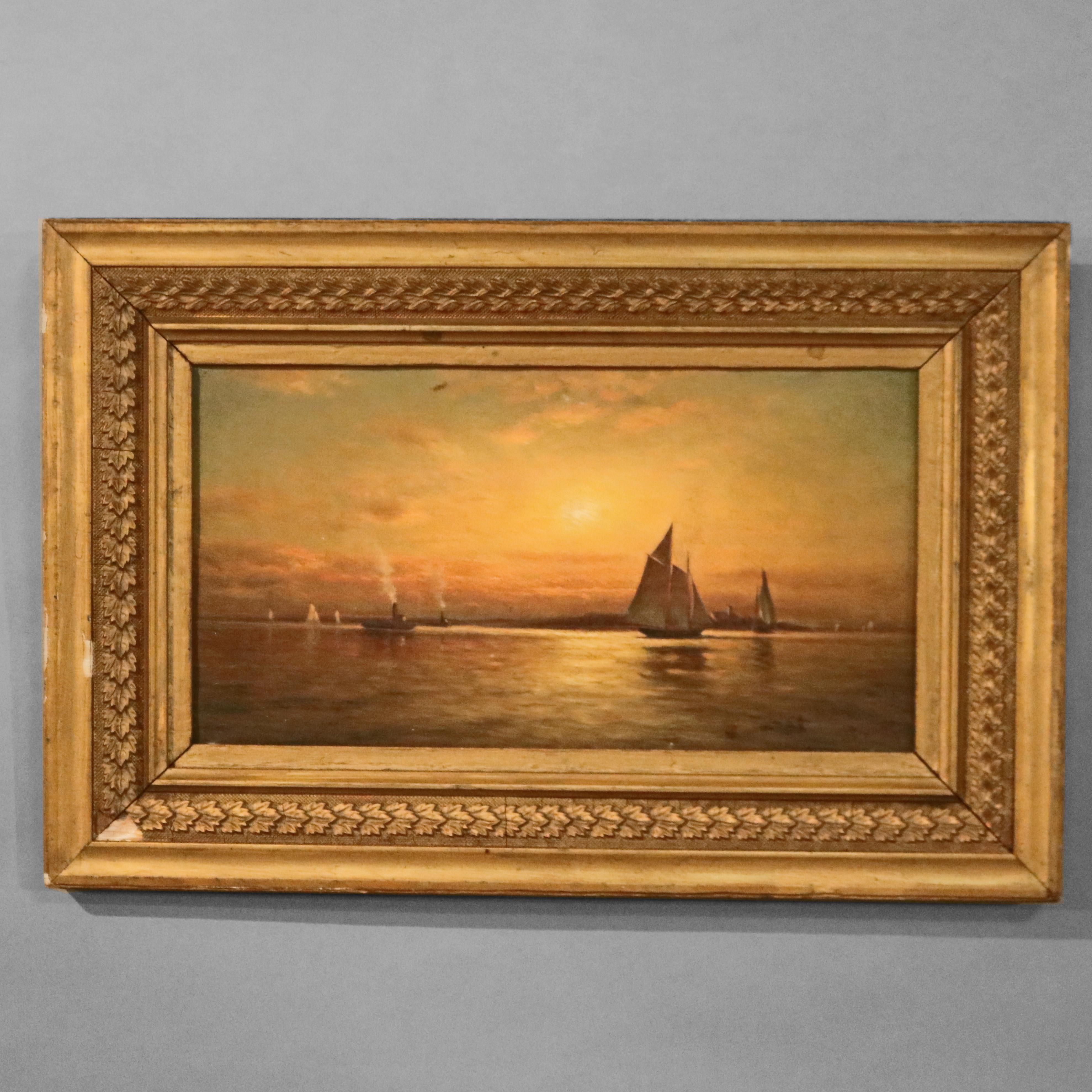Hand-Painted Antique Nautical Seascape Painting with Sailboats & Steam Ships, c1880