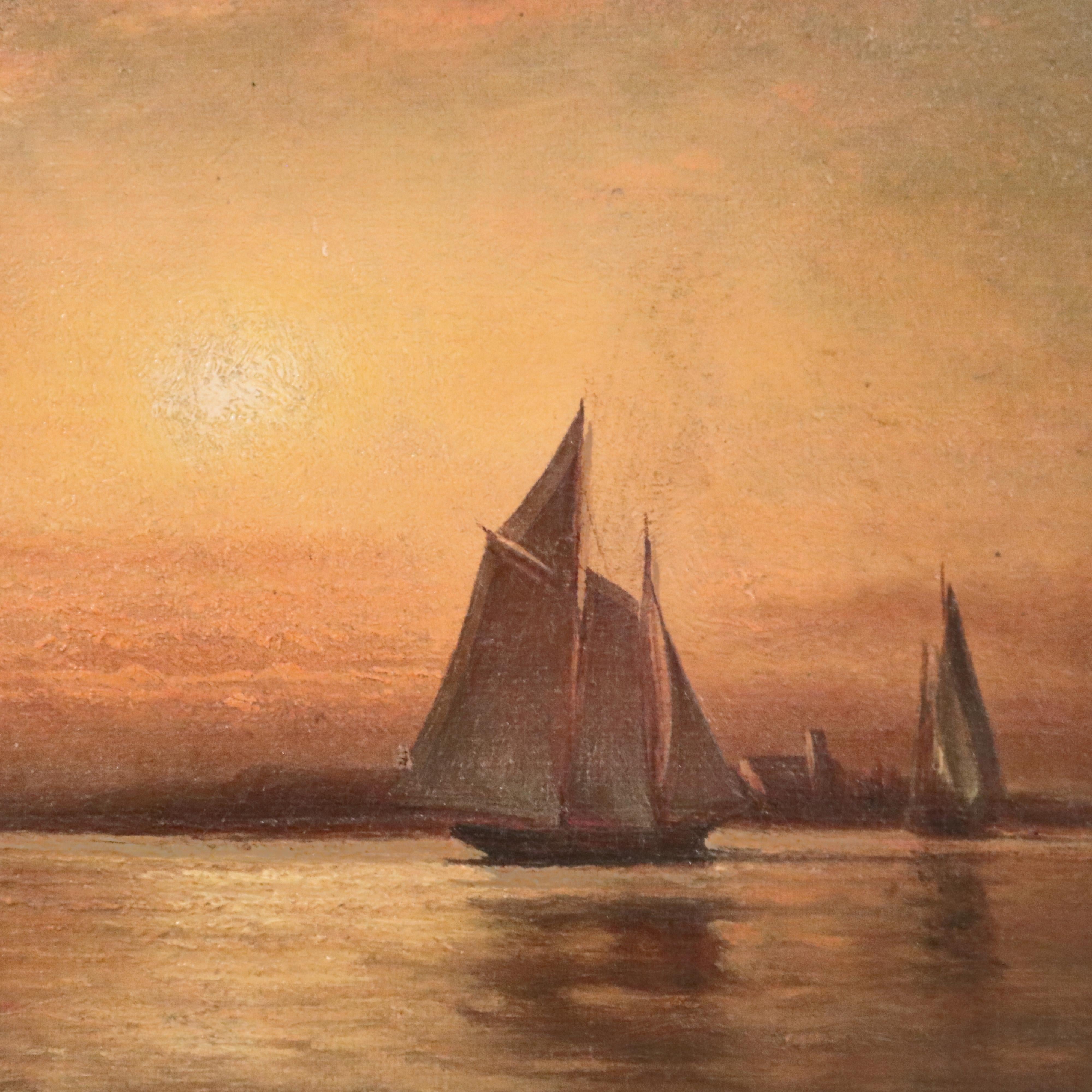 Antique Nautical Seascape Painting with Sailboats & Steam Ships, c1880 In Good Condition In Big Flats, NY