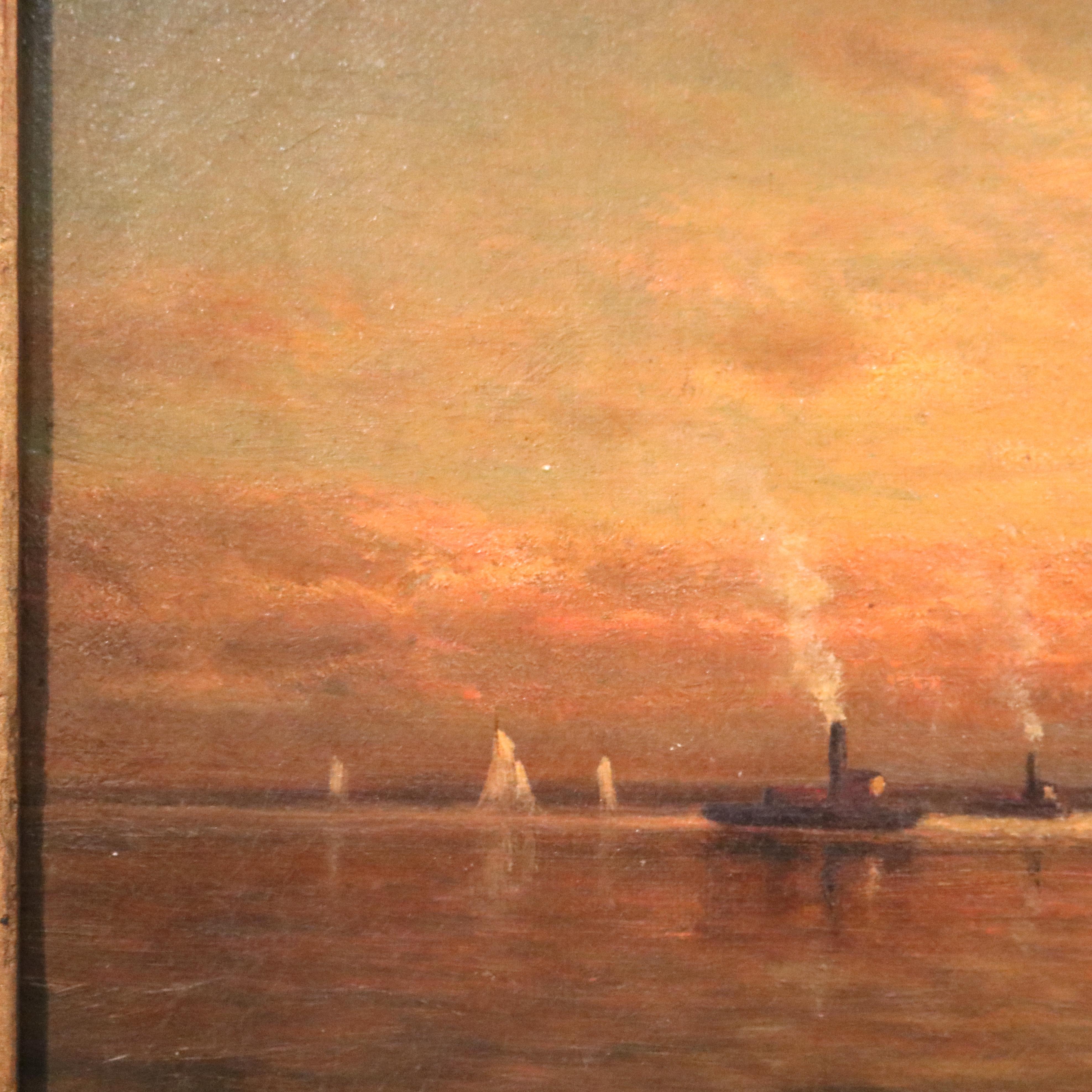 Antique Nautical Seascape Painting with Sailboats & Steam Ships, c1880 1