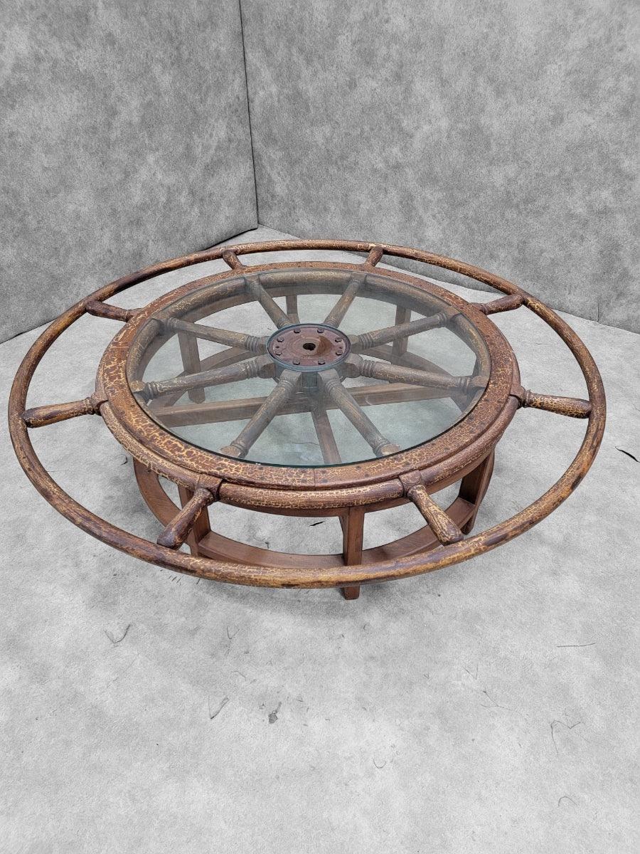 Inconnu Ancienne table basse de bateaux nautiques sur mesure avec plateau en verre en vente