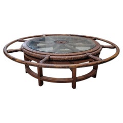 Antique Nautical Ships Wheel Custom Glass Top Coffee Table