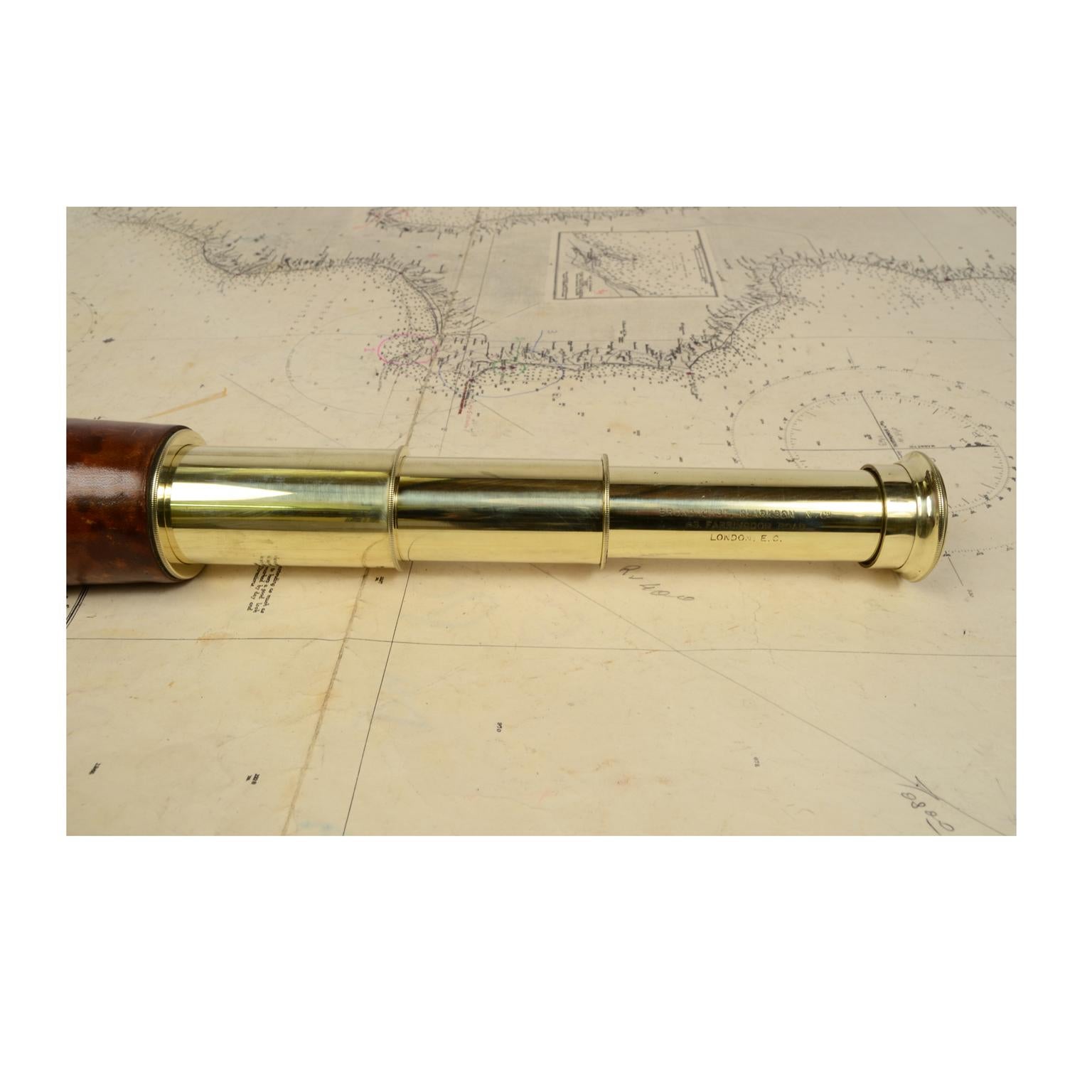Antique Nautical Telescope, Brass and Leather, Early 1900s 7