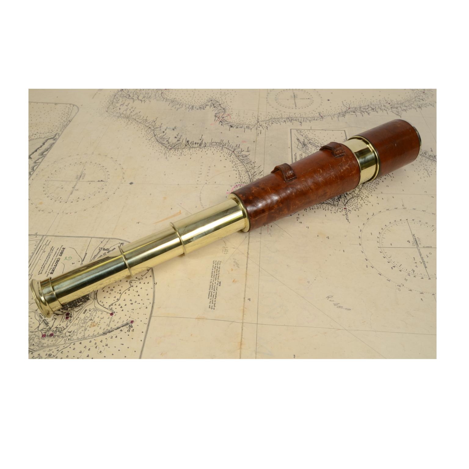 British Antique Nautical Telescope, Brass and Leather, Early 1900s