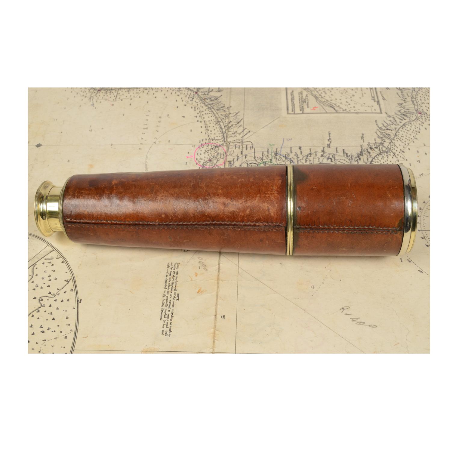20th Century Antique Nautical Telescope, Brass and Leather, Early 1900s