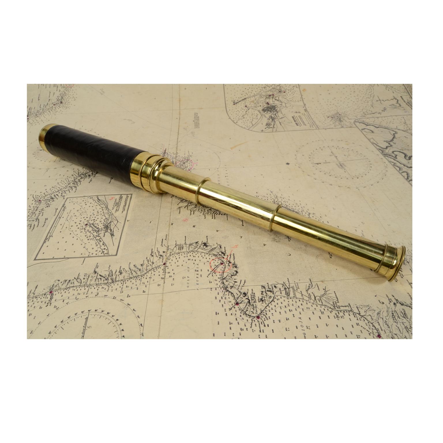French Antique Nautical Telescope, Brass and Leather, France, 1870