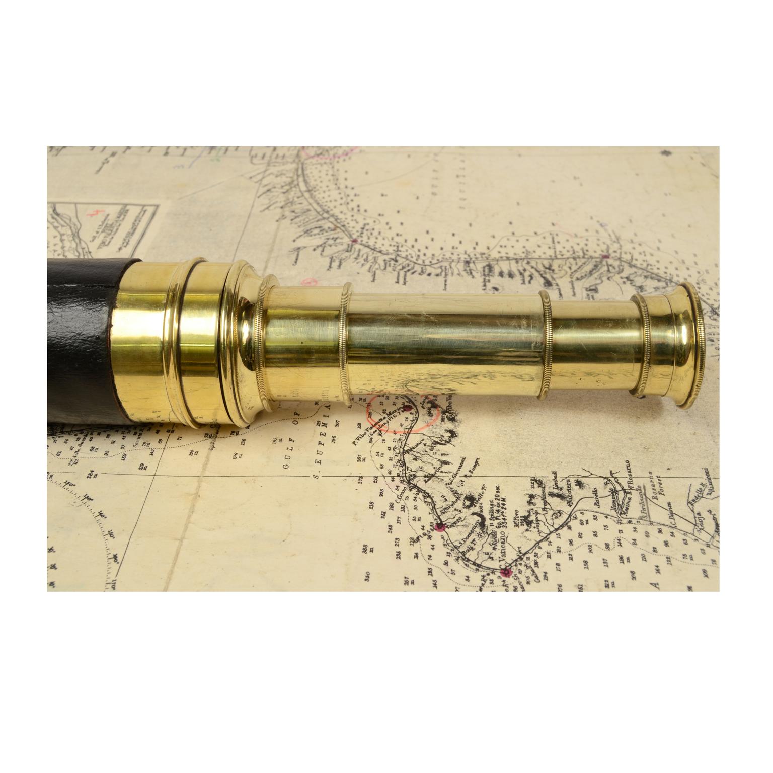 Antique Nautical Telescope, Brass and Leather, France, 1870 4