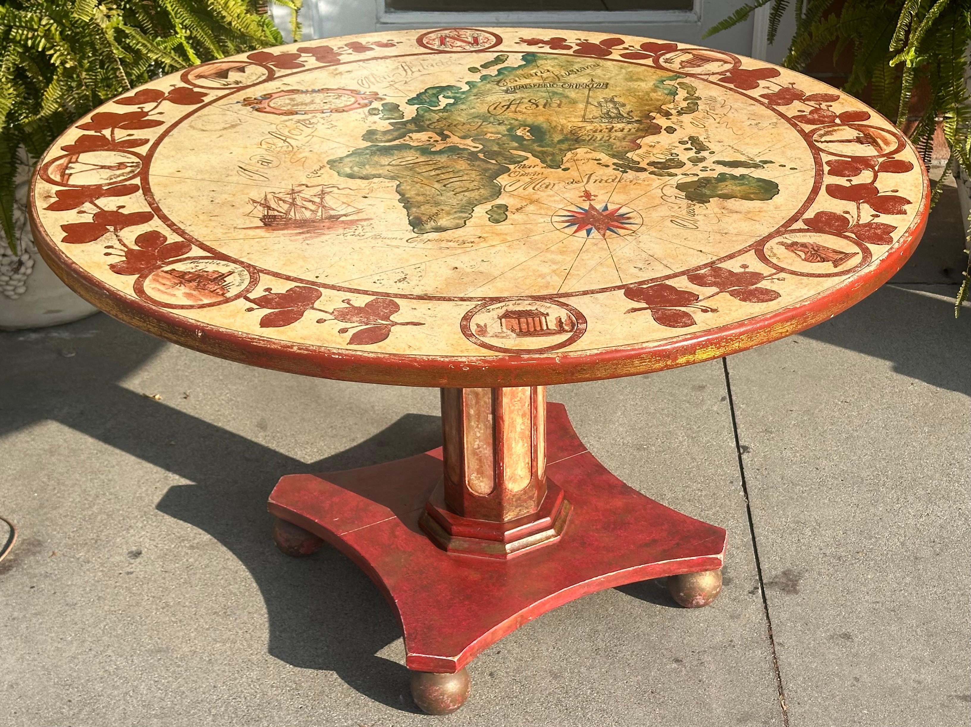 Classical Roman Antique Nautical World Map Painted Wood Round Dining Table