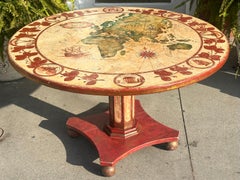 Antique Nautical World Map Painted Wood Round Dining Table