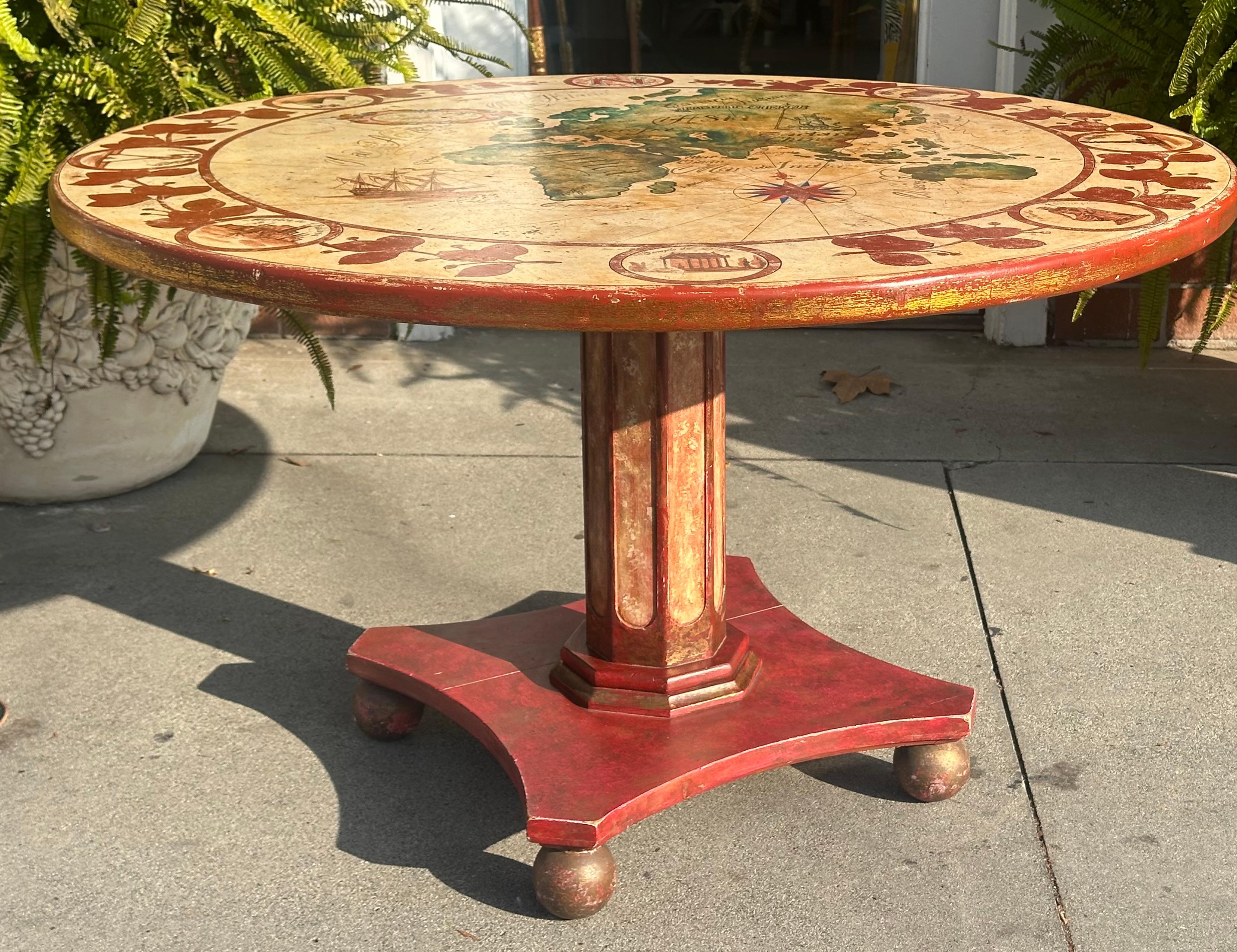 American Antique Nautical World Map Painted Wood Round Dining Table