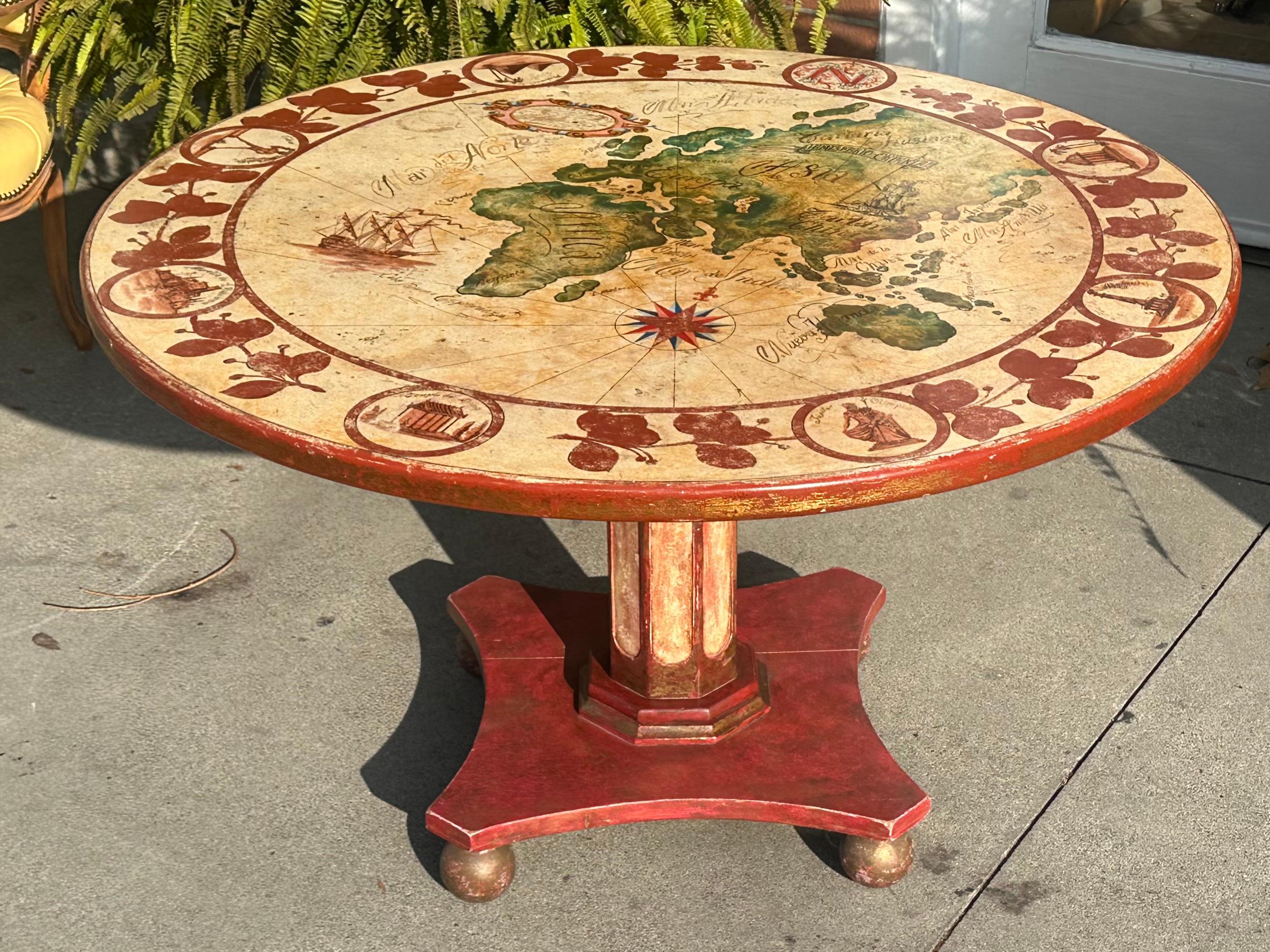 Antique Nautical World Map Painted Wood Round Dining Table In Good Condition In LOS ANGELES, CA