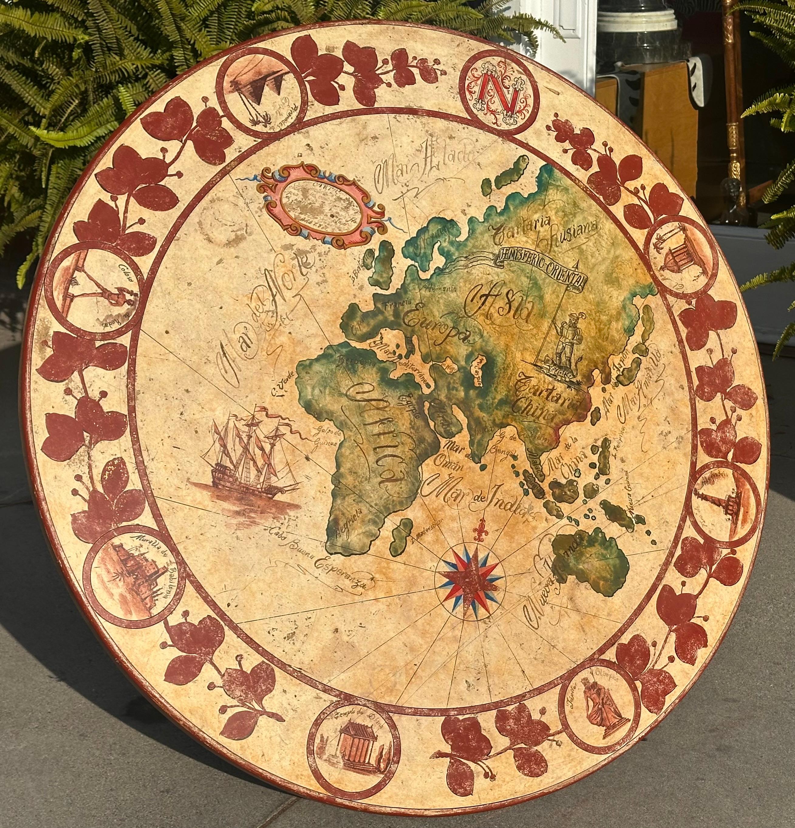 Early 20th Century Antique Nautical World Map Painted Wood Round Dining Table