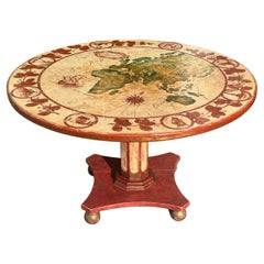 Antique Nautical World Map Painted Wood Round Dining Table