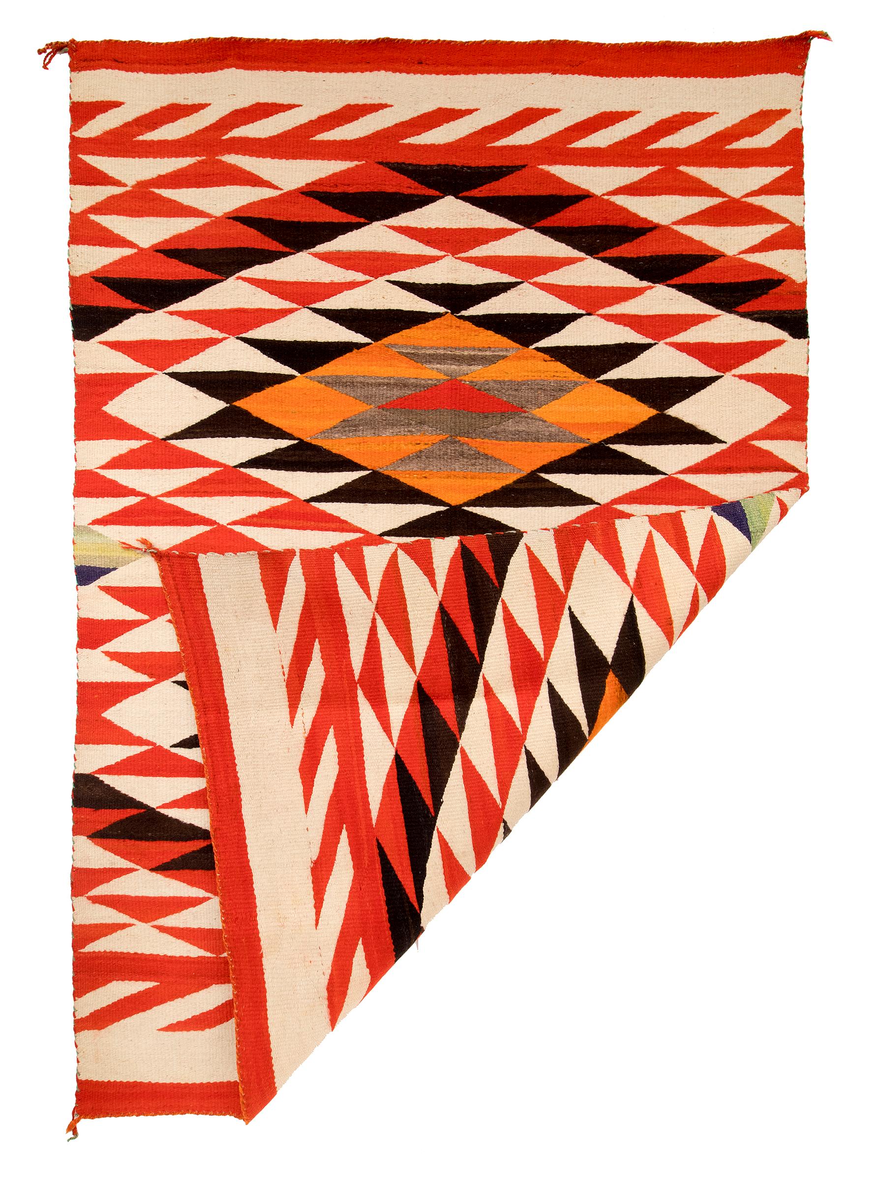 Navajo blanket, vintage 19th century antique textile, circa 1870, late Classic Period, Transitional weaving, circa 1870. Woven of native hand spun wool in natural fleece colors of white (ivory), brown black, and gray, with aniline dyed red and