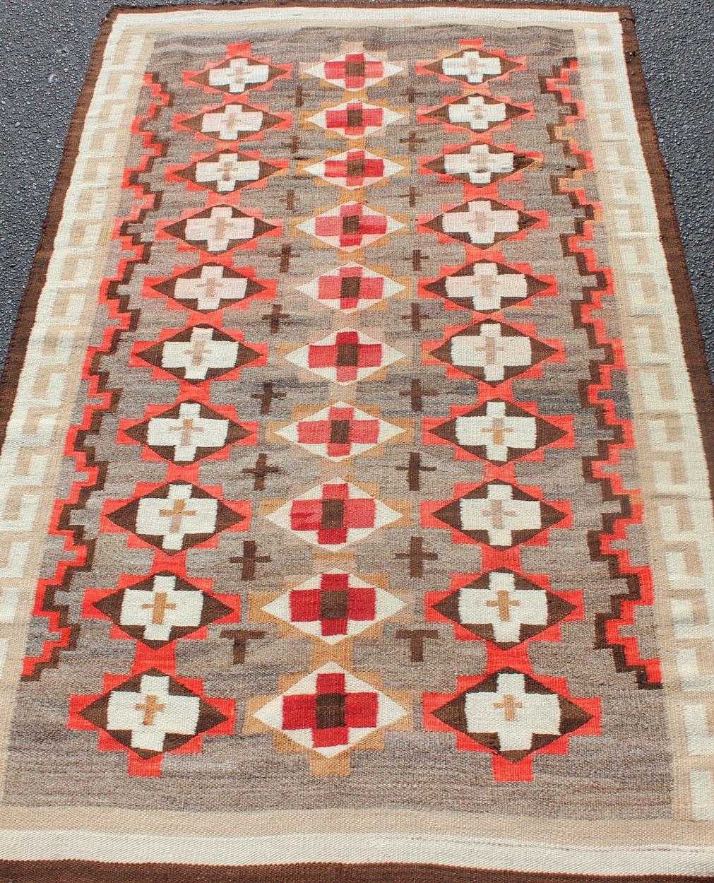 American Antique Navajo Blanket with All Over Geometric in Gray, Red, Brown and Ivory For Sale