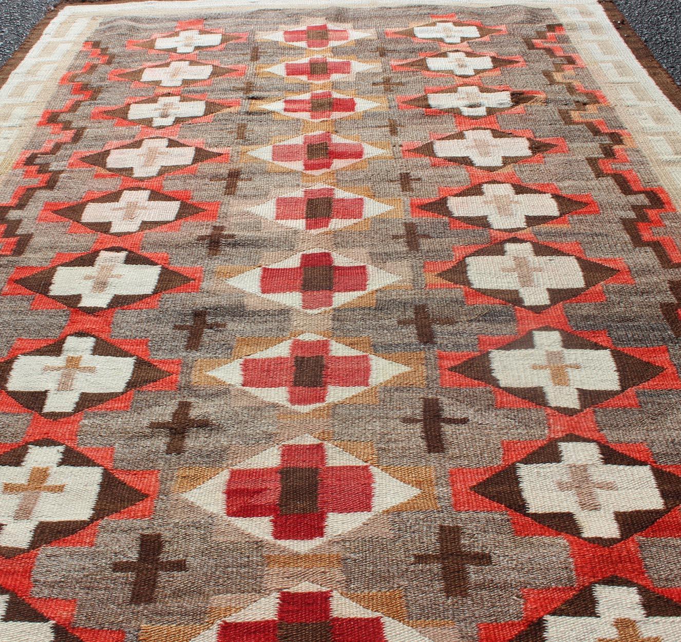 Hand-Woven Antique Navajo Blanket with All Over Geometric in Gray, Red, Brown and Ivory For Sale