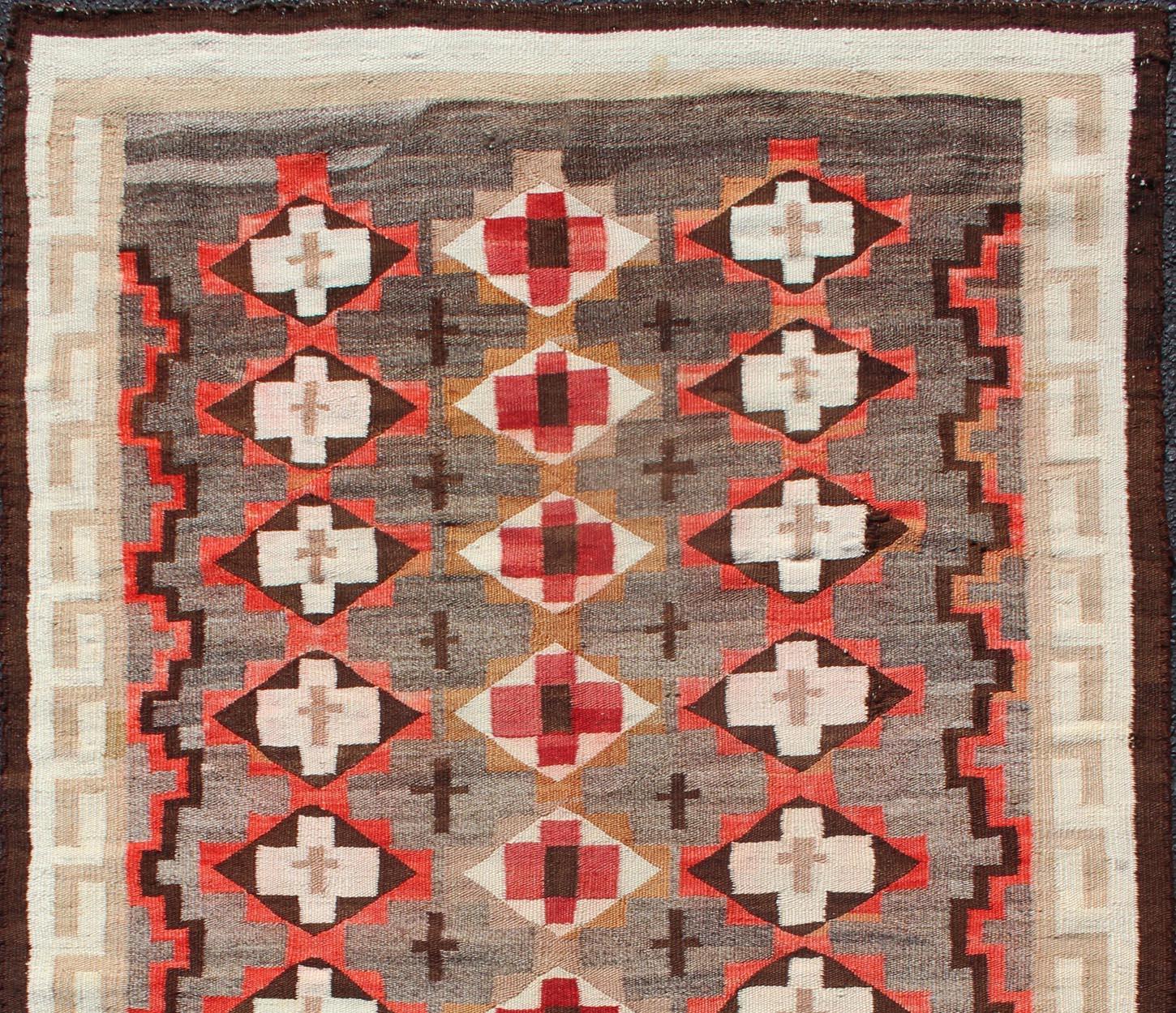 20th Century Antique Navajo Blanket with All Over Geometric in Gray, Red, Brown and Ivory For Sale