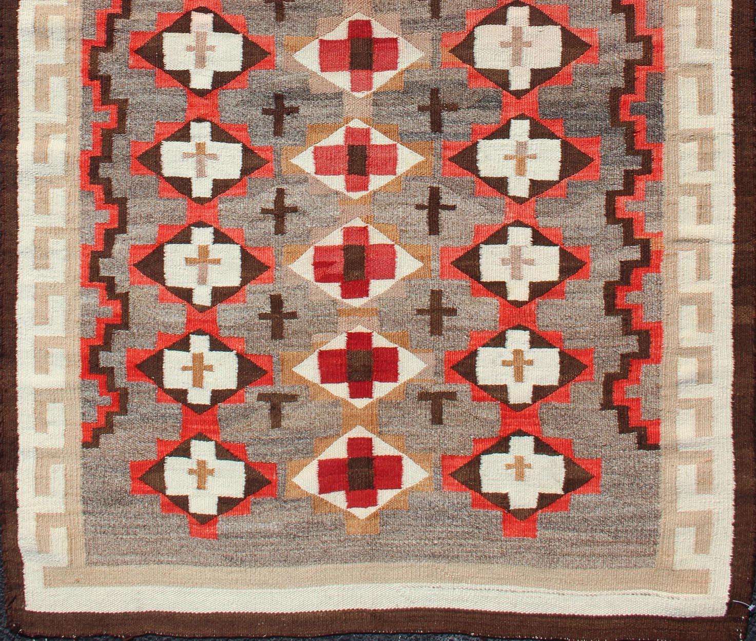 Wool Antique Navajo Blanket with All Over Geometric in Gray, Red, Brown and Ivory For Sale