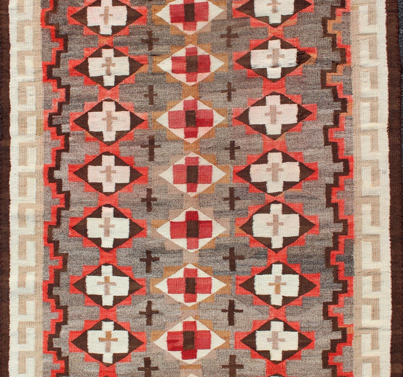Antique Navajo Blanket with All Over Geometric in Gray, Red, Brown and Ivory For Sale 1