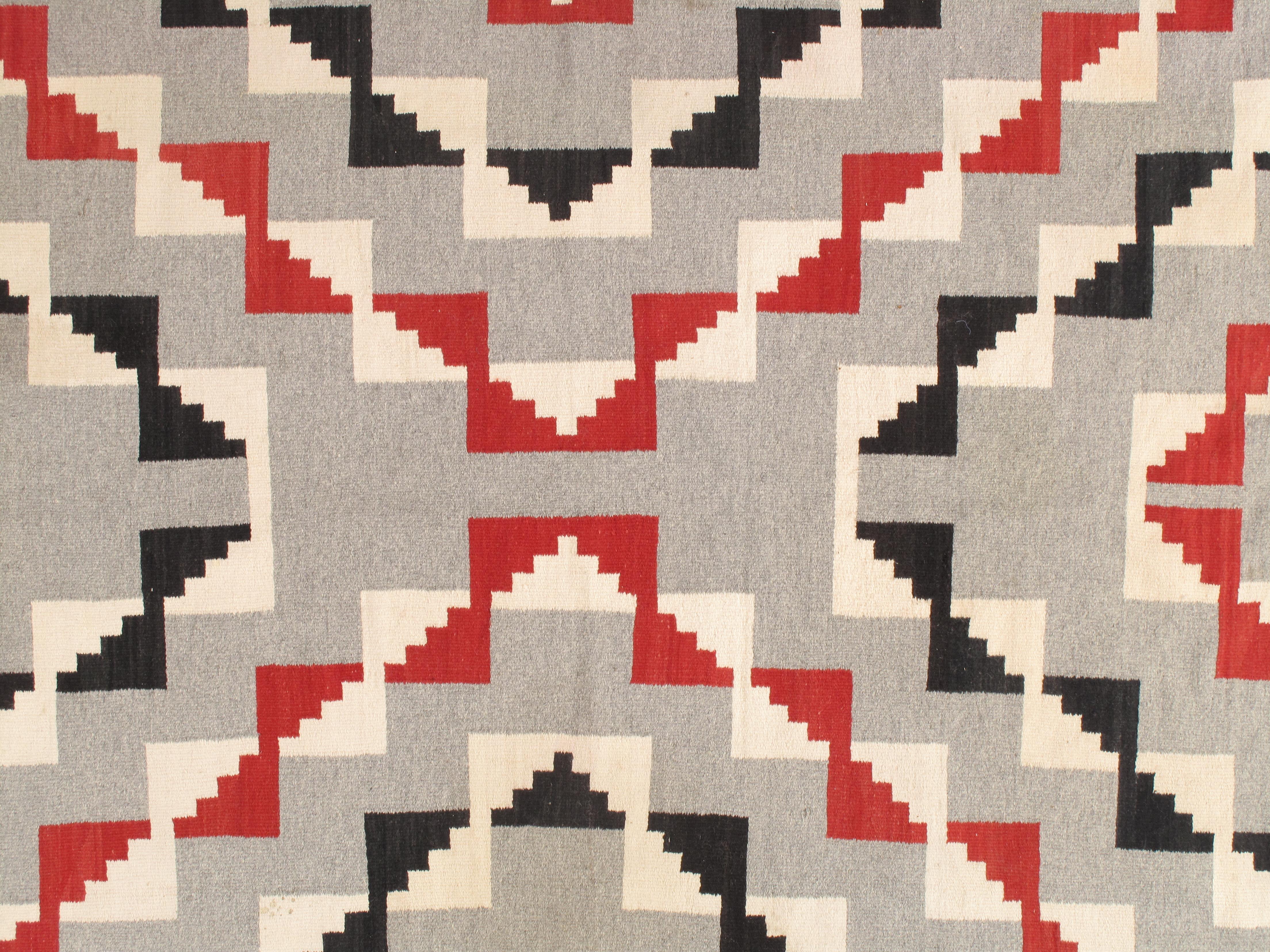 Antique Navajo Carpet, Folk Rug, Handmade Wool, Beige, Gray, Blood Orange For Sale 2