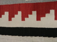 Antique Navajo Carpet, Folk Rug, Handmade Wool, Beige, Gray, Blood Orange