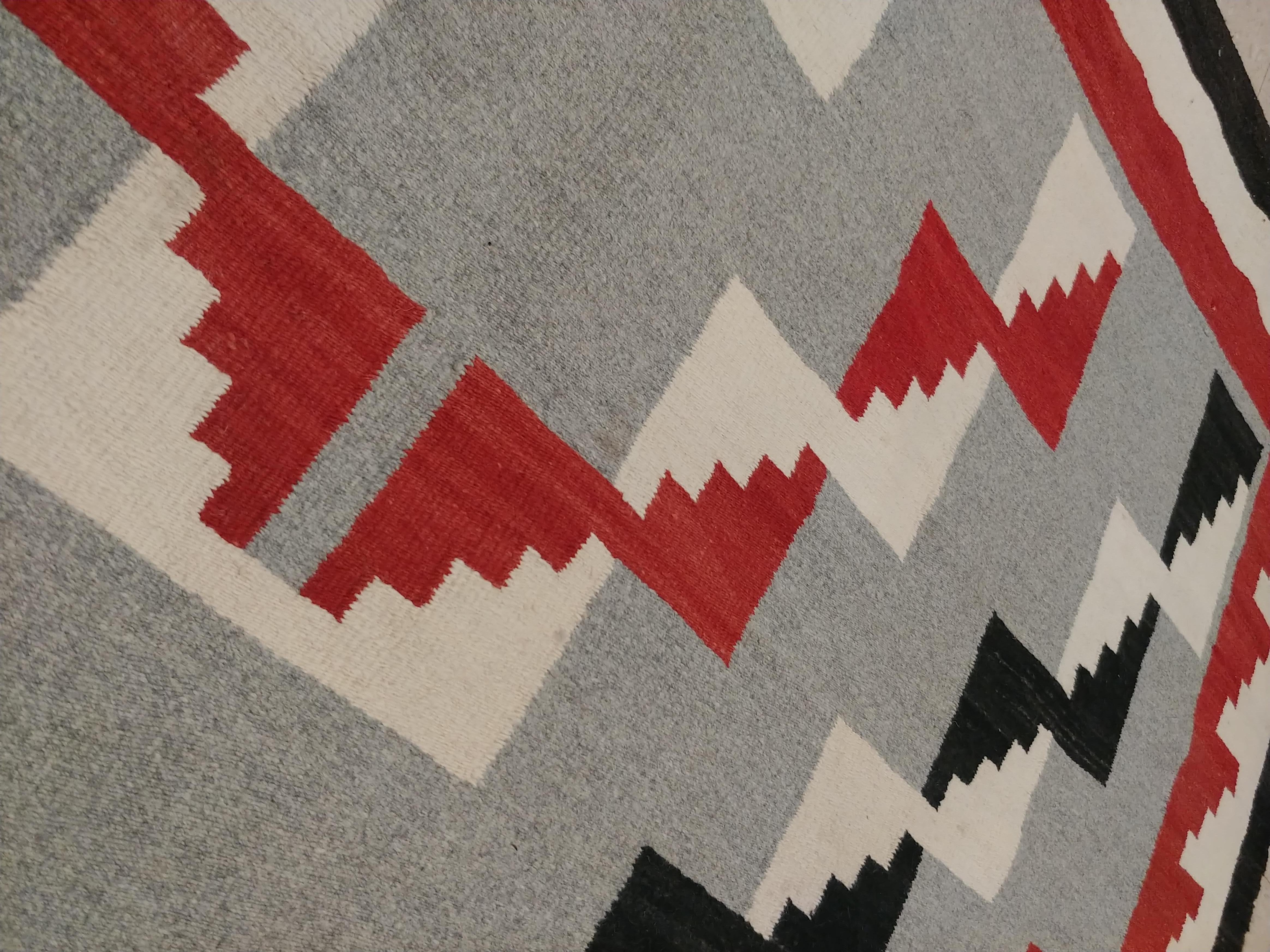 North American Antique Navajo Carpet, Folk Rug, Handmade Wool, Beige, Gray, Blood Orange For Sale