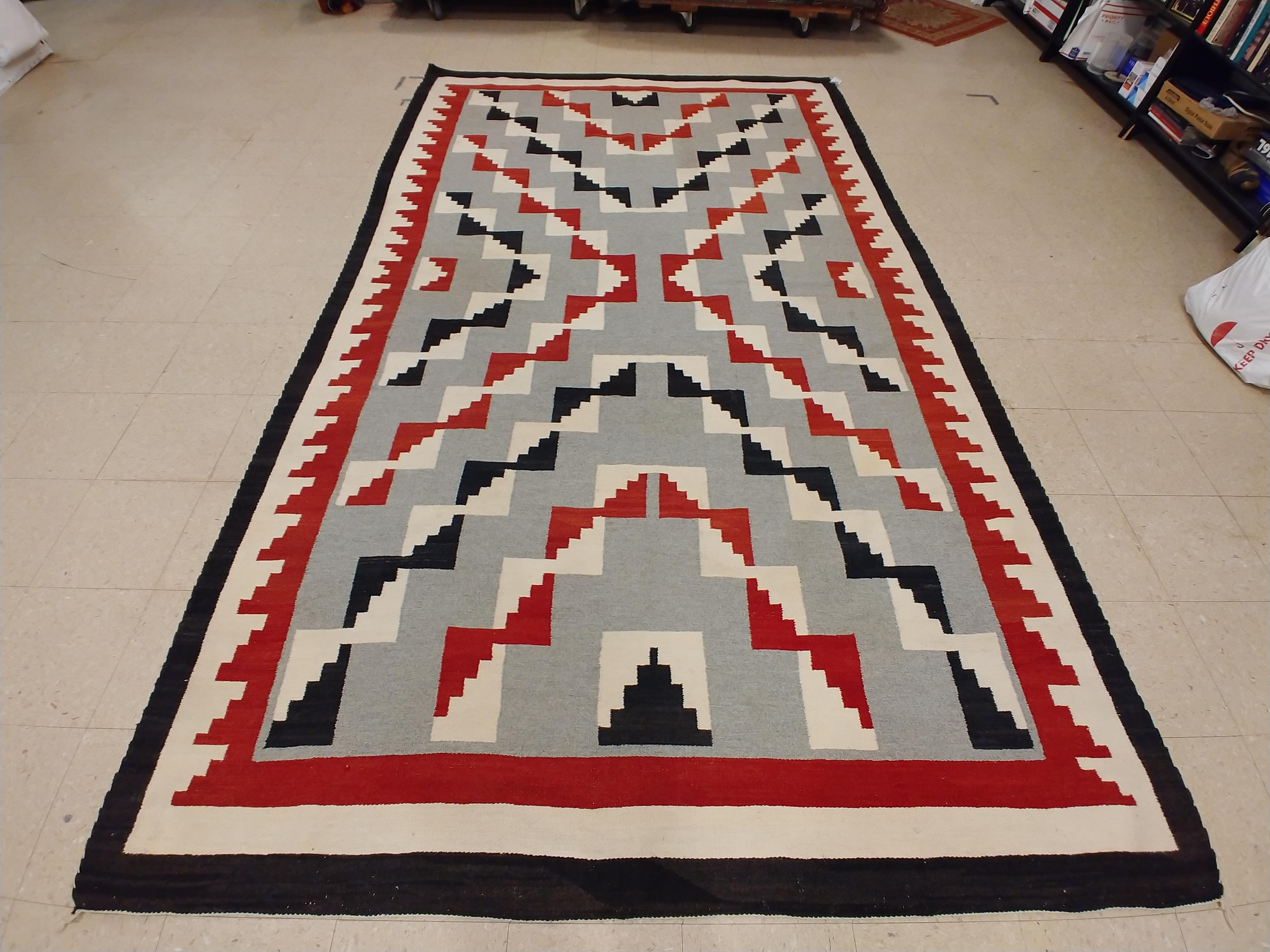 Antique Navajo Carpet, Folk Rug, Handmade Wool, Beige, Gray, Blood Orange In Excellent Condition For Sale In Port Washington, NY