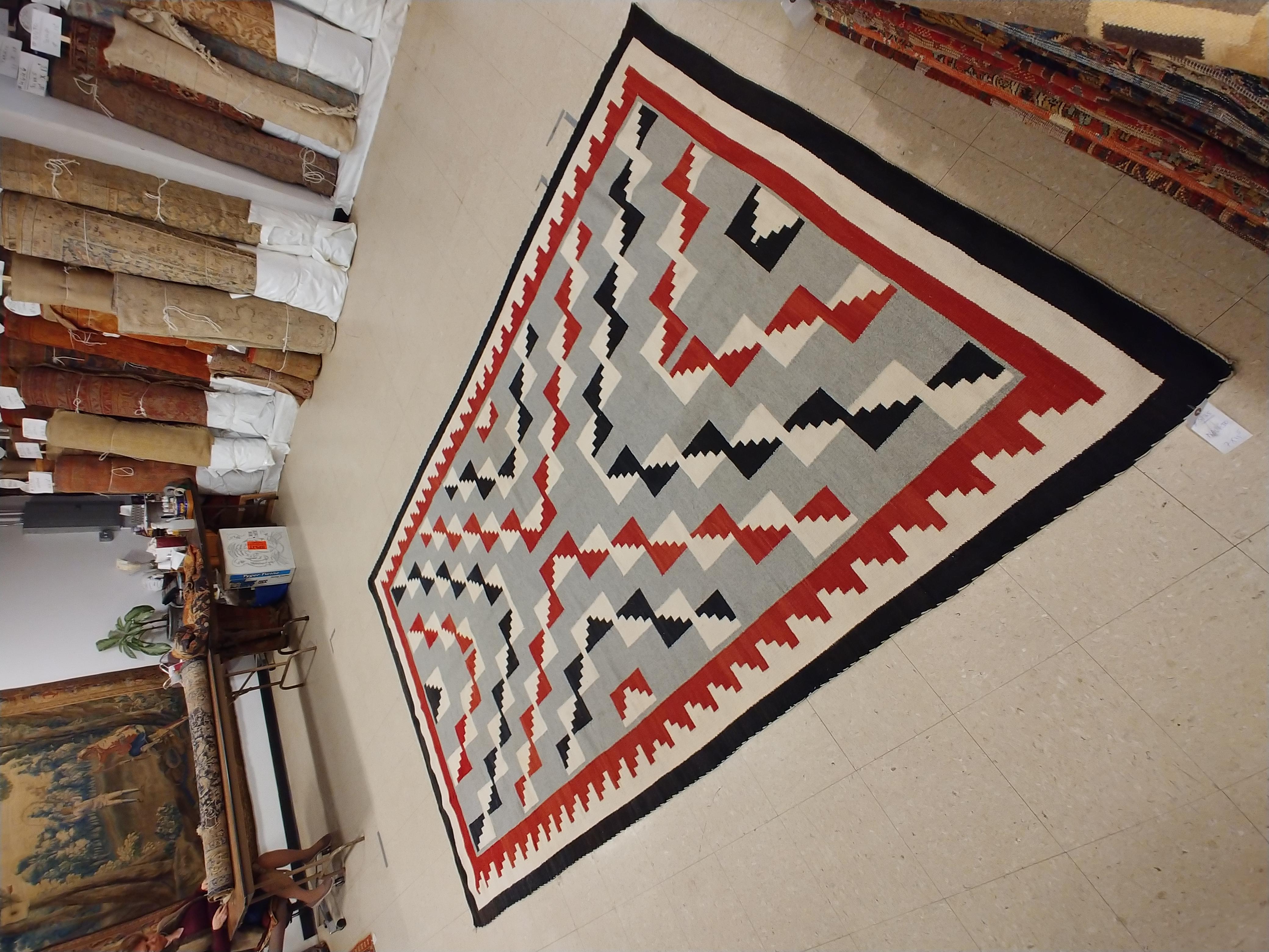 20th Century Antique Navajo Carpet, Folk Rug, Handmade Wool, Beige, Gray, Blood Orange For Sale
