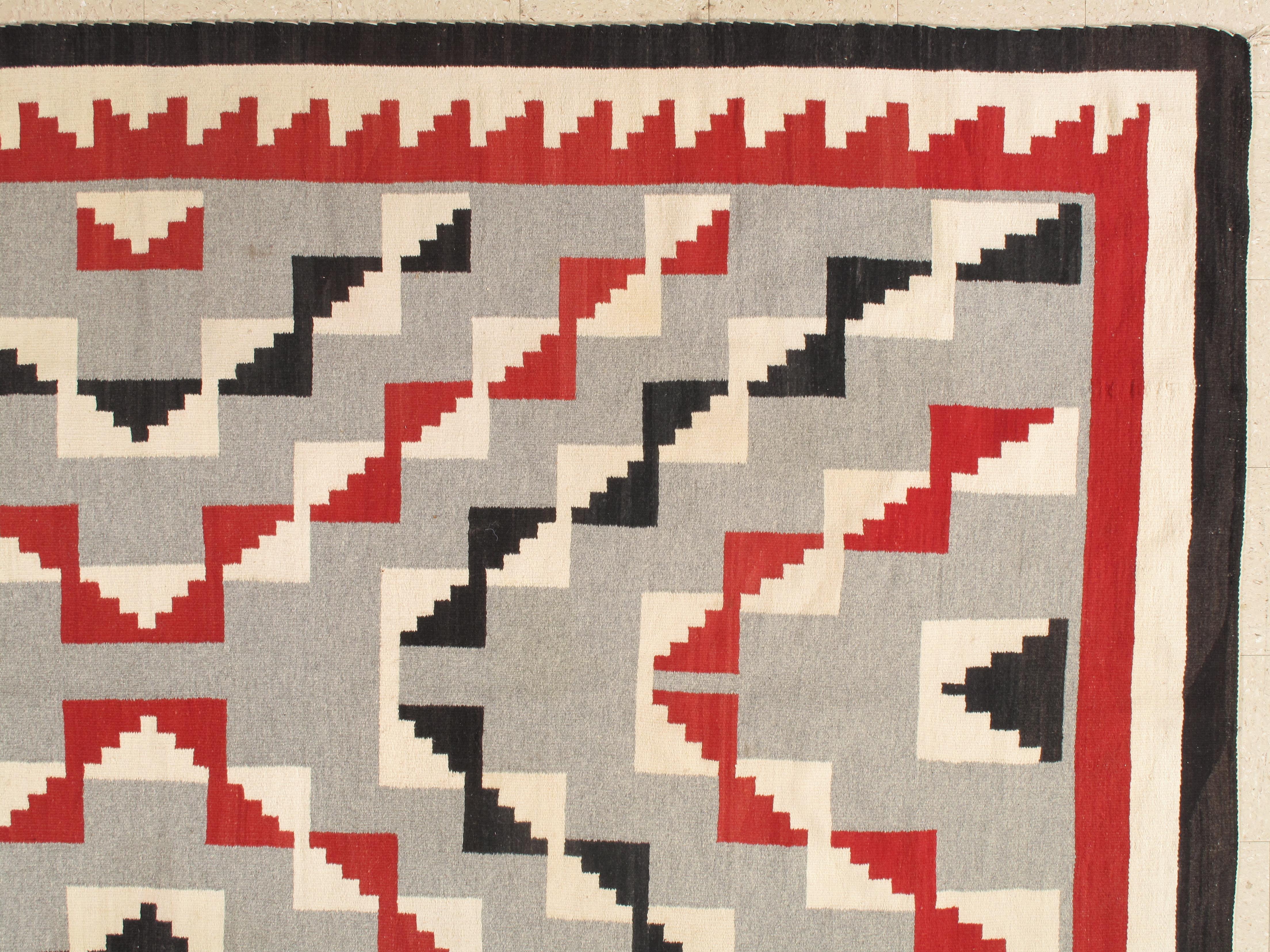 Antique Navajo Carpet, Folk Rug, Handmade Wool, Beige, Gray, Blood Orange For Sale 1