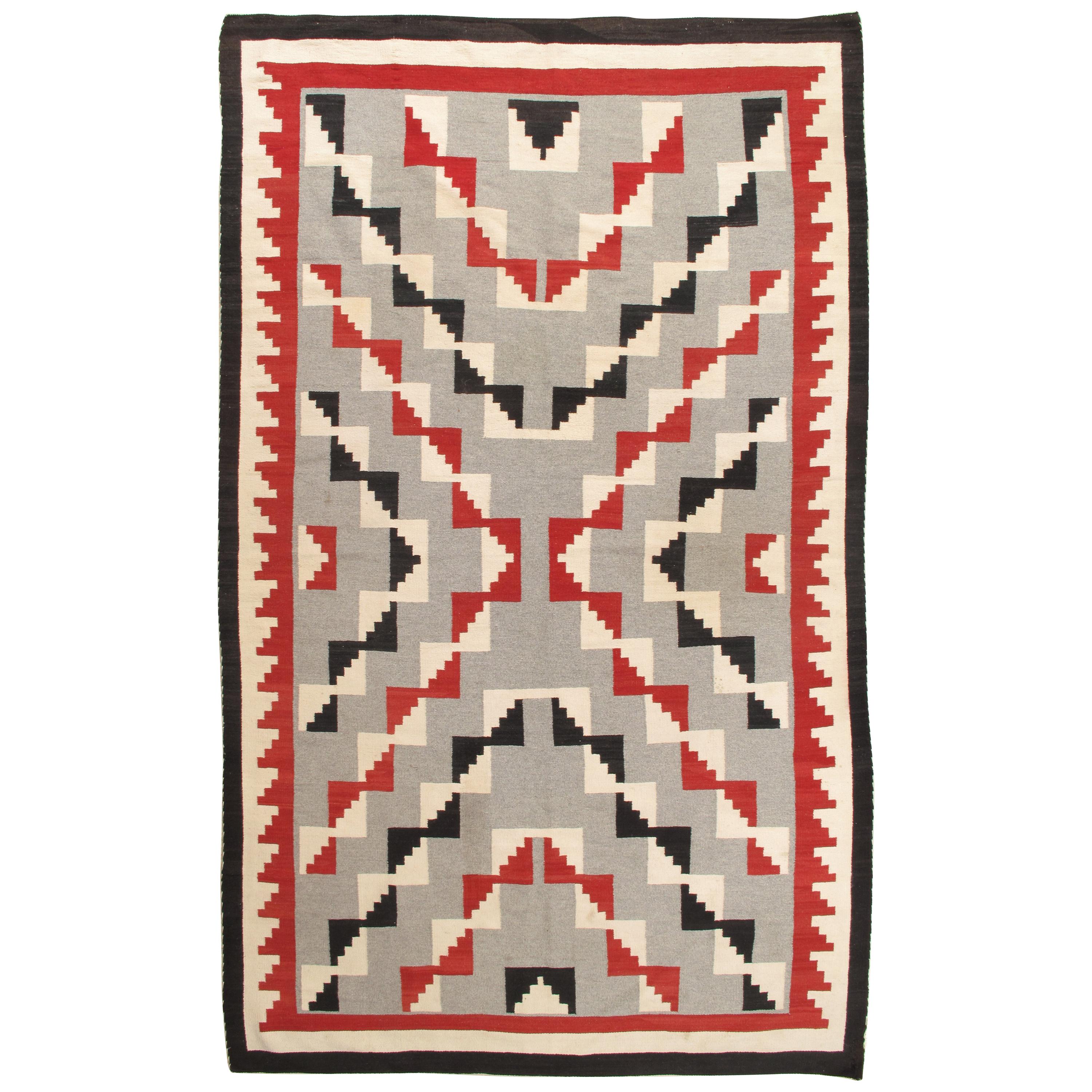 Antique Navajo Carpet, Folk Rug, Handmade Wool, Beige, Gray, Blood Orange