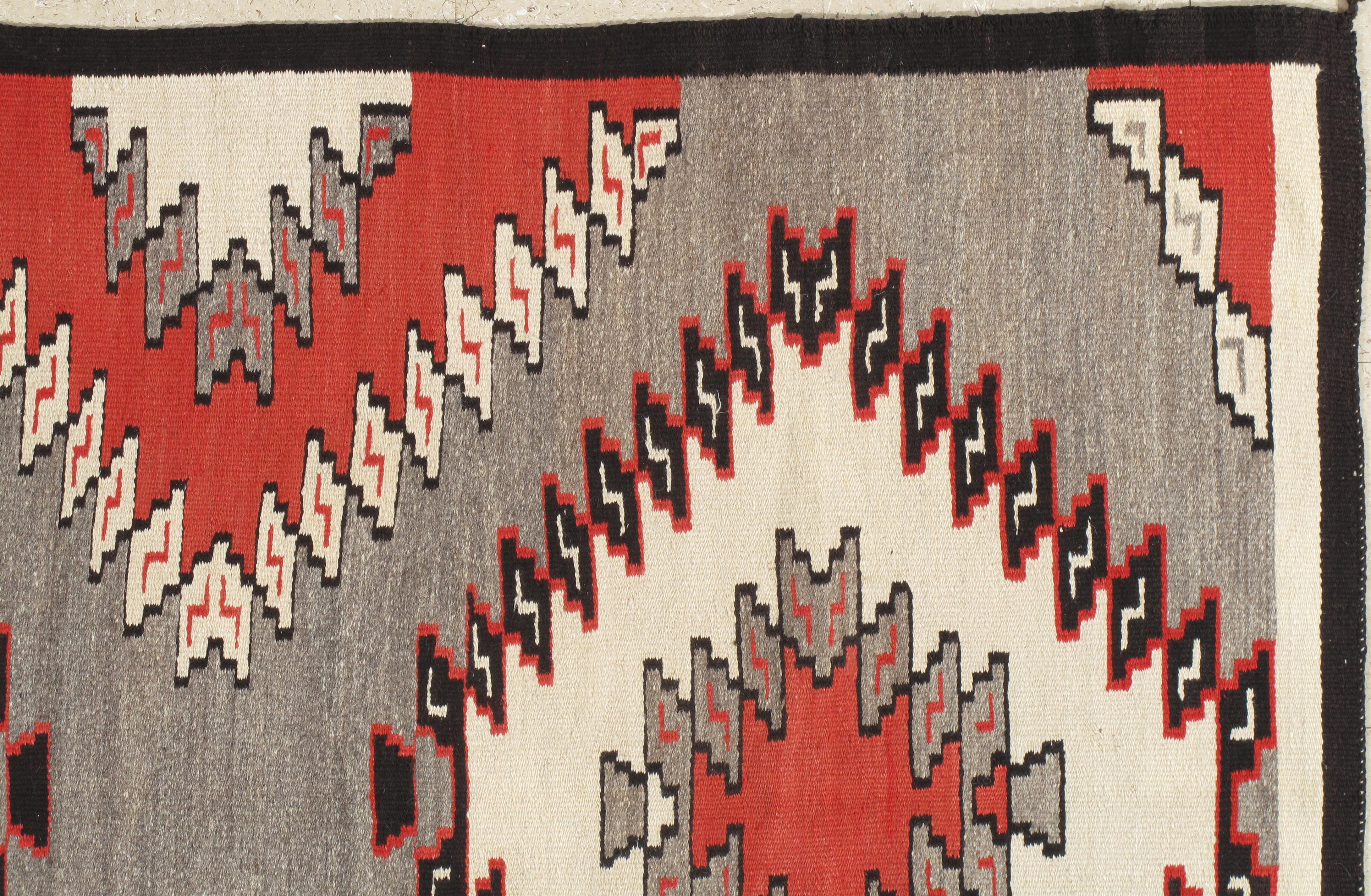 American Antique Navajo Carpet, Folk Rug, Handmade Wool, Beige, Gray, Orange
