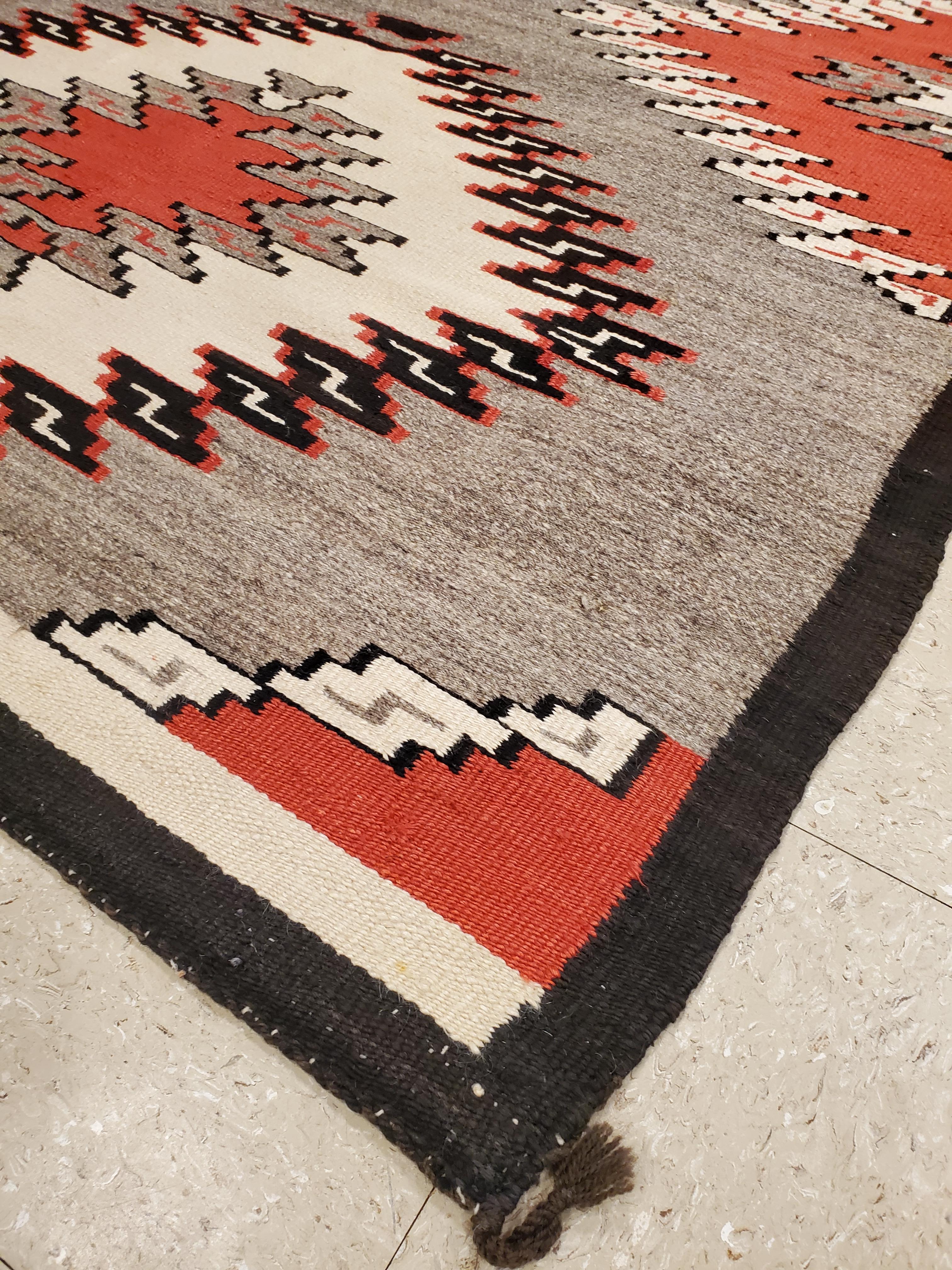 Antique Navajo Carpet, Folk Rug, Handmade Wool, Beige, Gray, Orange 1