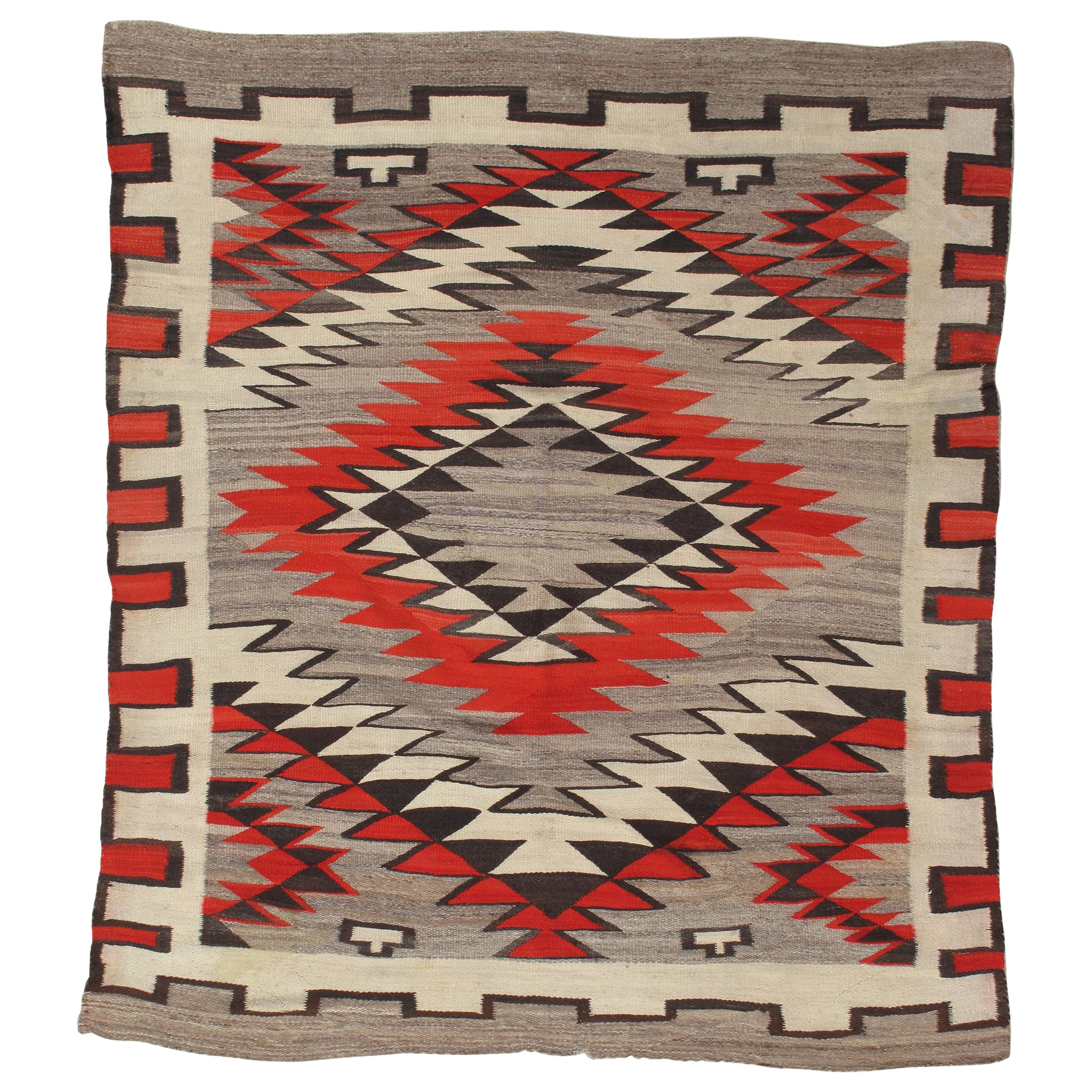 Antique Navajo Carpet, Folk Rug, Handmade Wool, Beige, Gray, Orange For Sale
