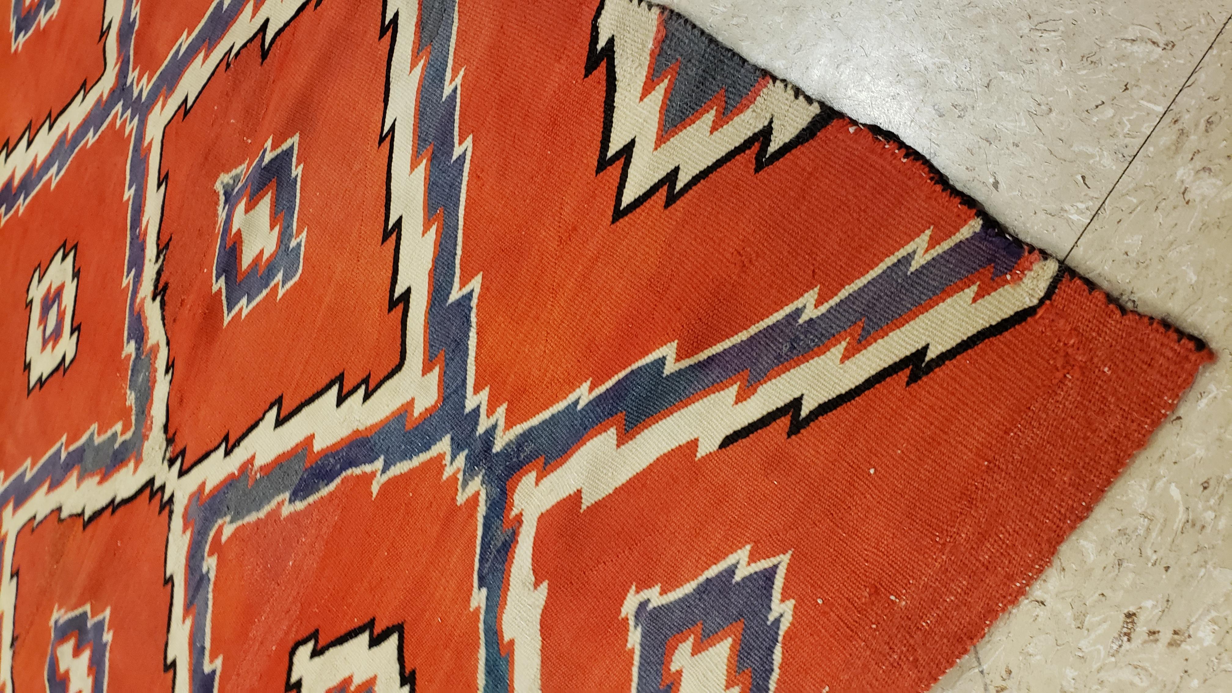 Hand-Knotted Antique Navajo Carpet, Folk Rug, Handmade Wool, Blue, Beige, Orangey Red