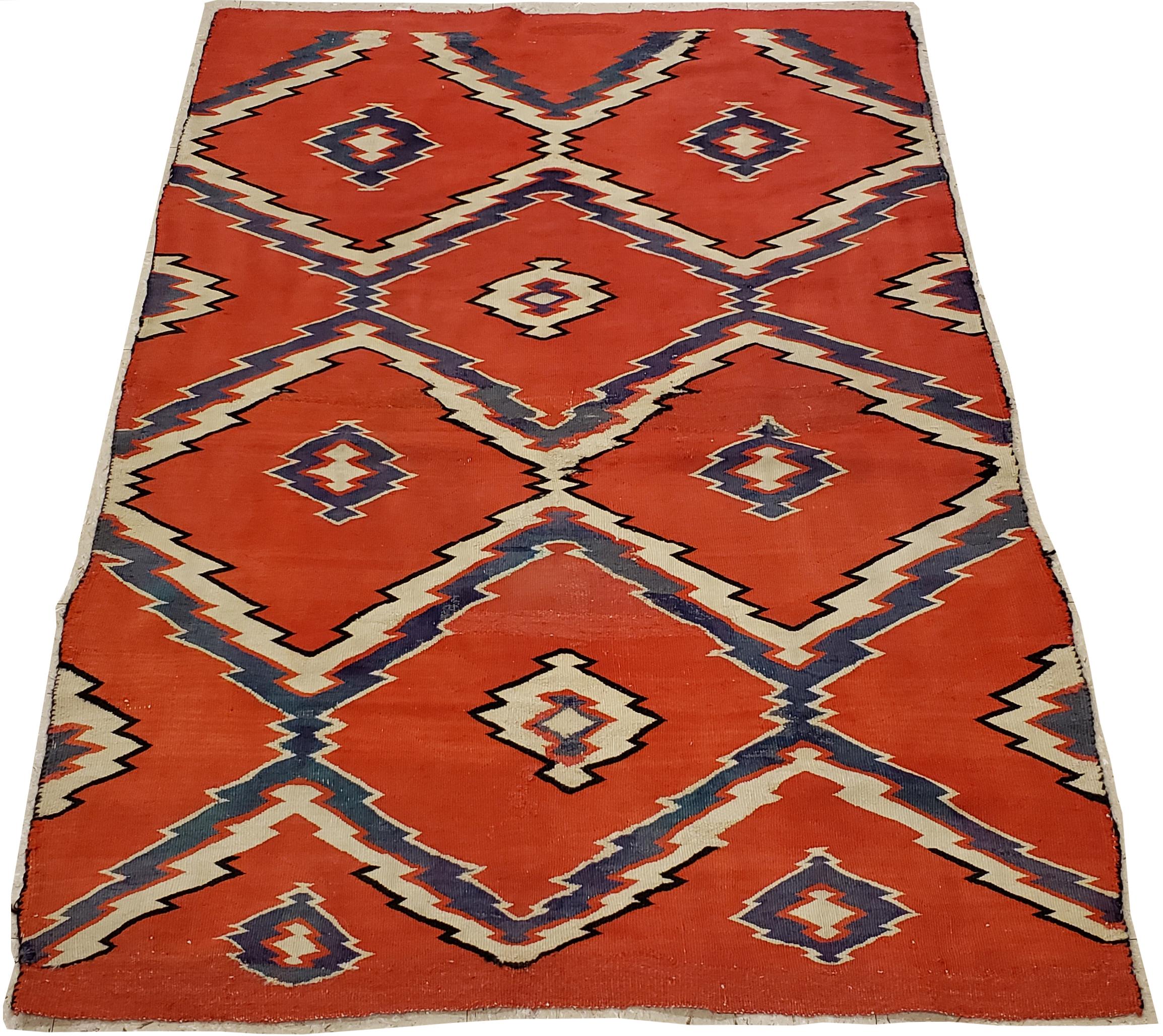 Antique Navajo Carpet, Folk Rug, Handmade Wool, Blue, Beige, Orangey Red In Good Condition In Port Washington, NY