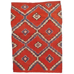 Antique Navajo Carpet, Folk Rug, Handmade Wool, Blue, Beige, Orangey Red