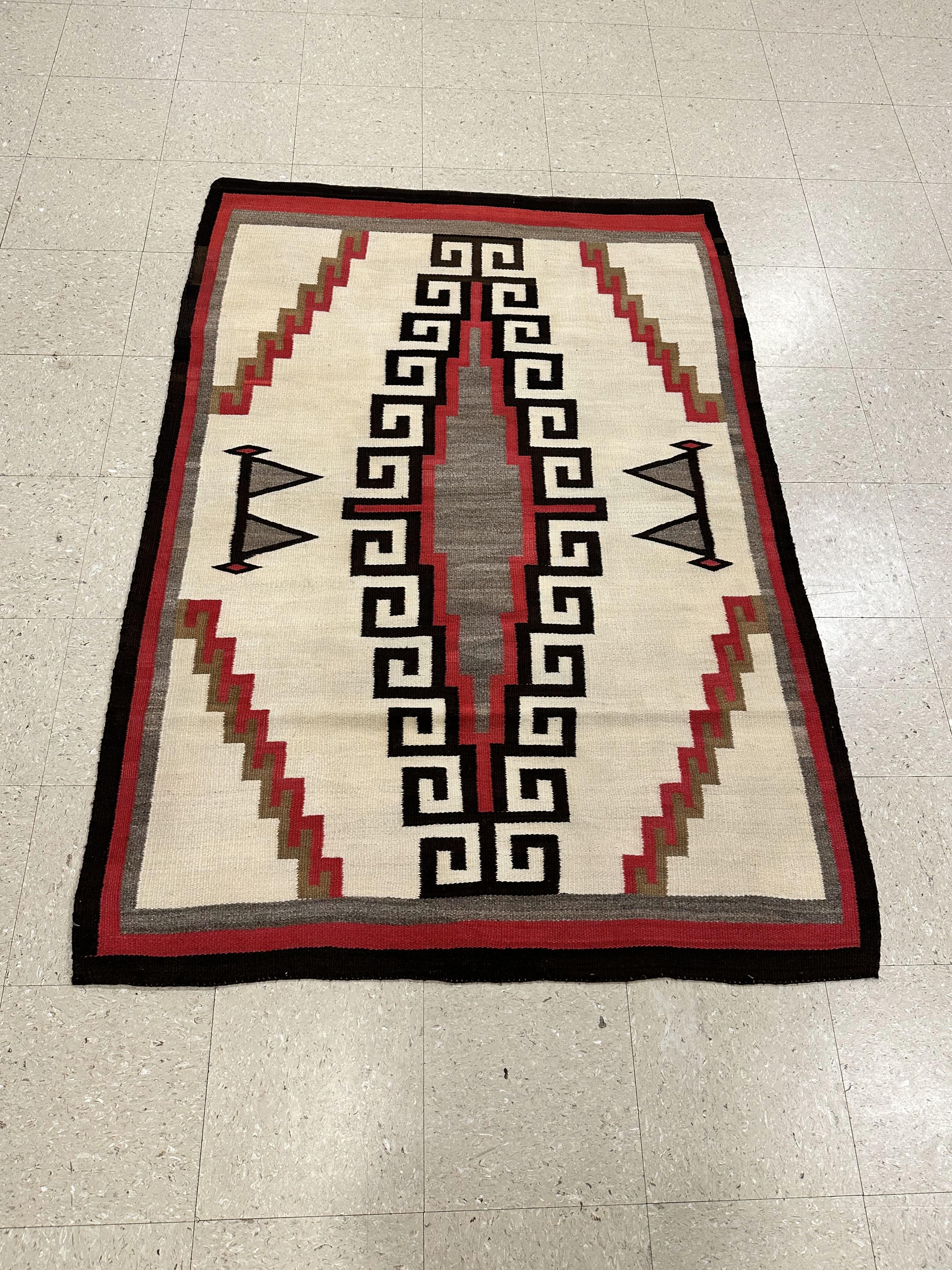 American Antique Navajo Carpet, Folk Rug, Handmade Wool, Ivory, Brown, Grey, Red