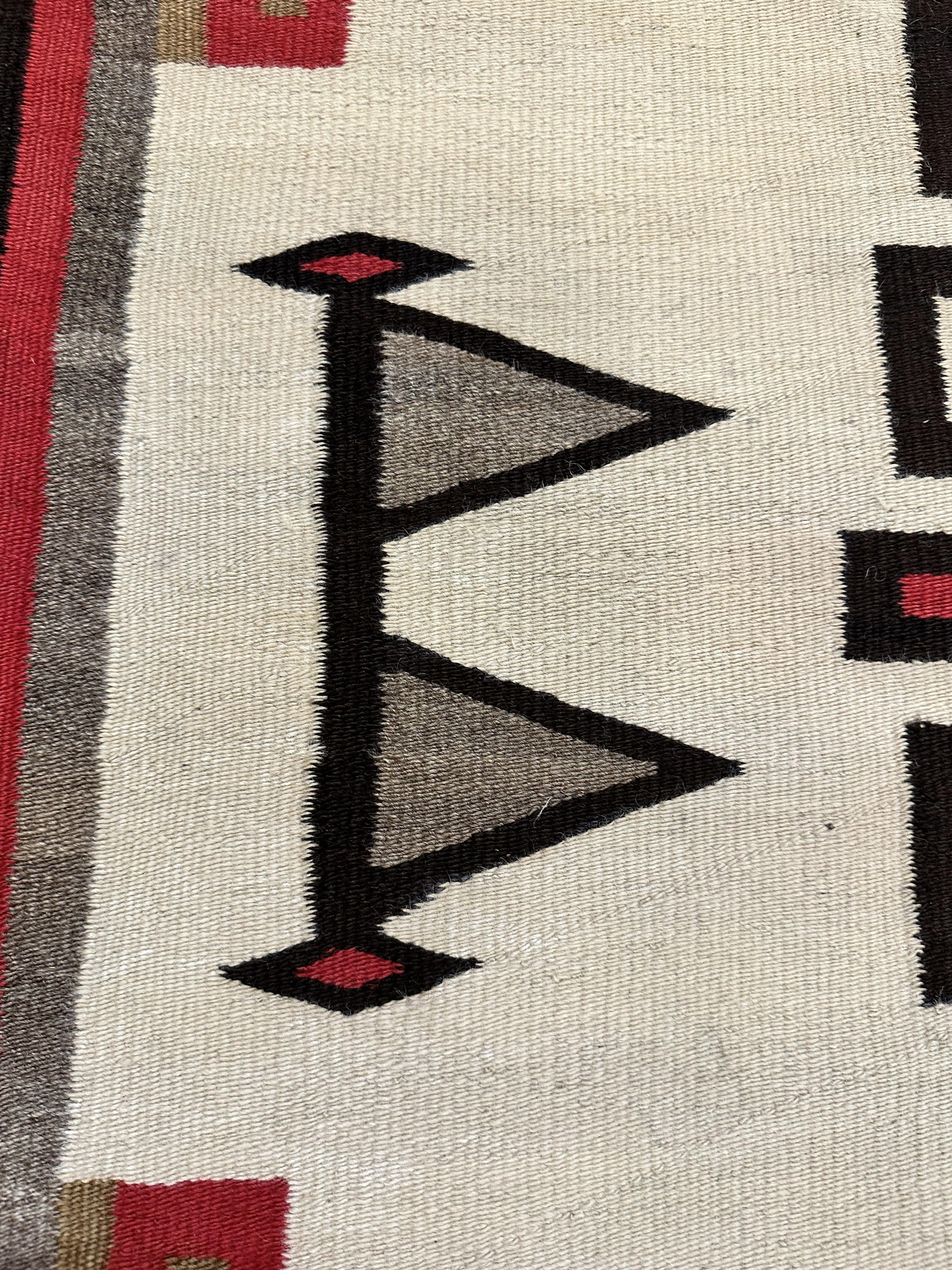 Hand-Woven Antique Navajo Carpet, Folk Rug, Handmade Wool, Ivory, Brown, Grey, Red