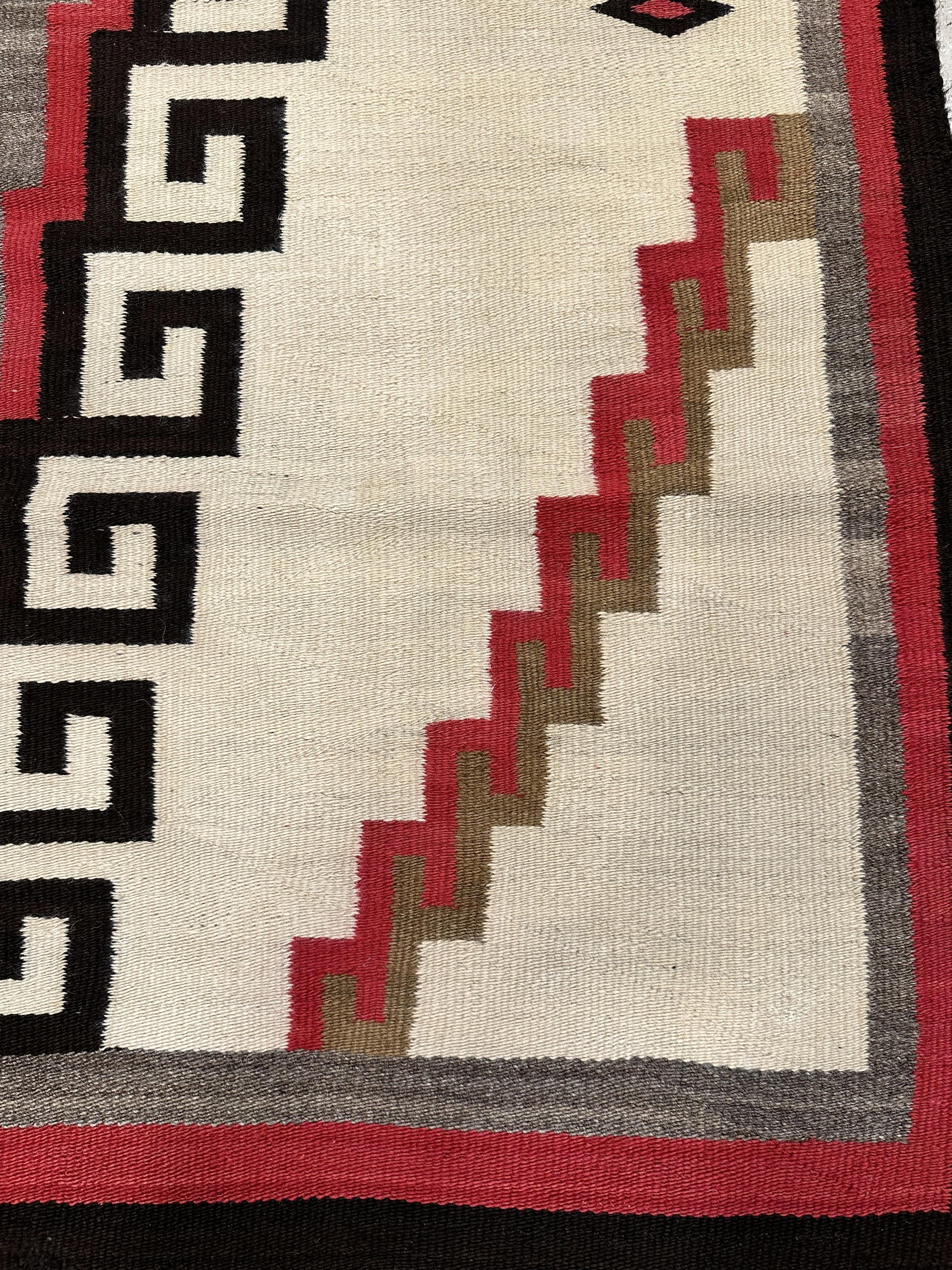 20th Century Antique Navajo Carpet, Folk Rug, Handmade Wool, Ivory, Brown, Grey, Red