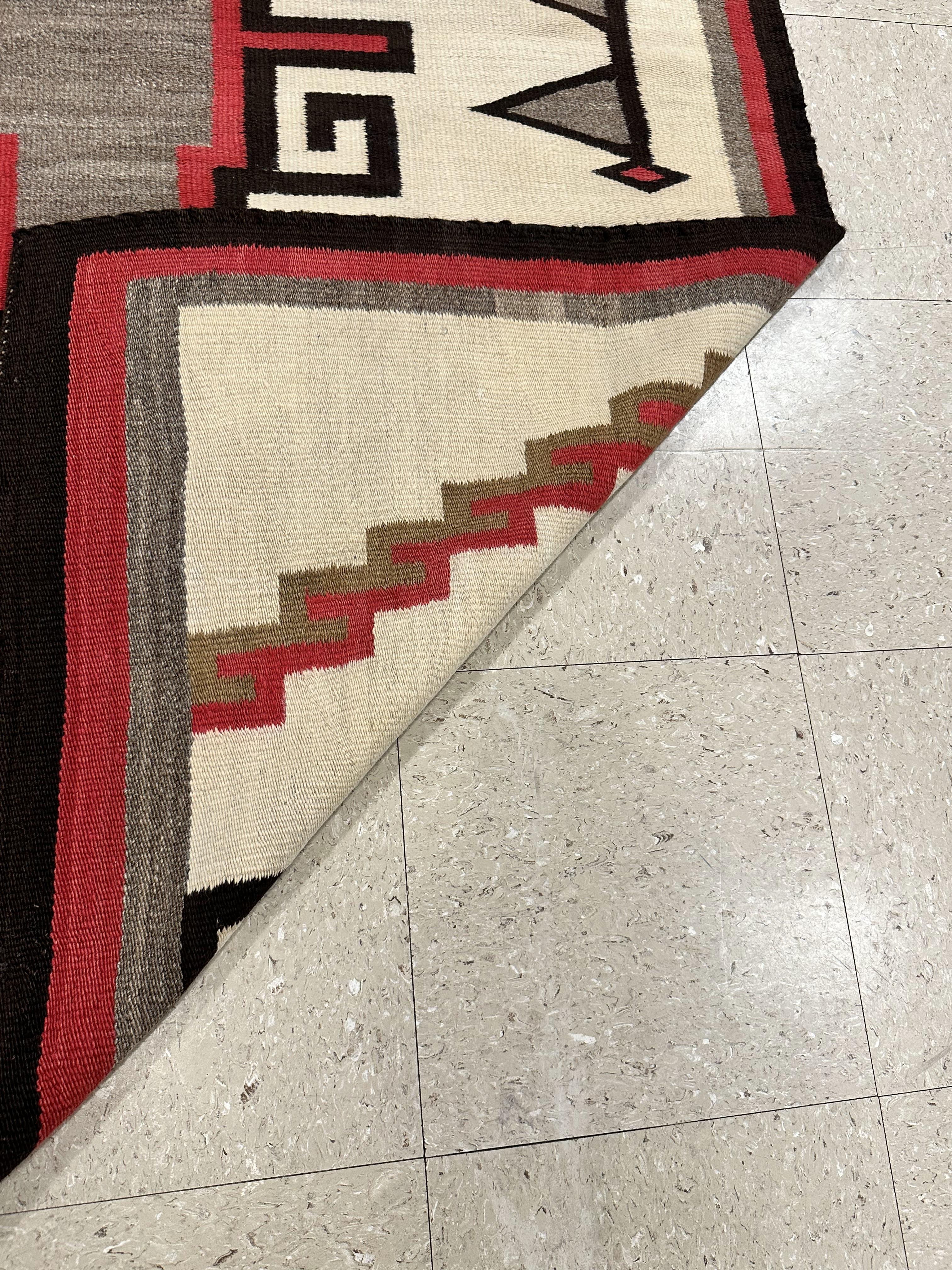 Antique Navajo Carpet, Folk Rug, Handmade Wool, Ivory, Brown, Grey, Red 1