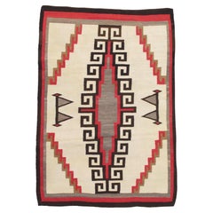 Antique Navajo Carpet, Folk Rug, Handmade Wool, Ivory, Brown, Grey, Red
