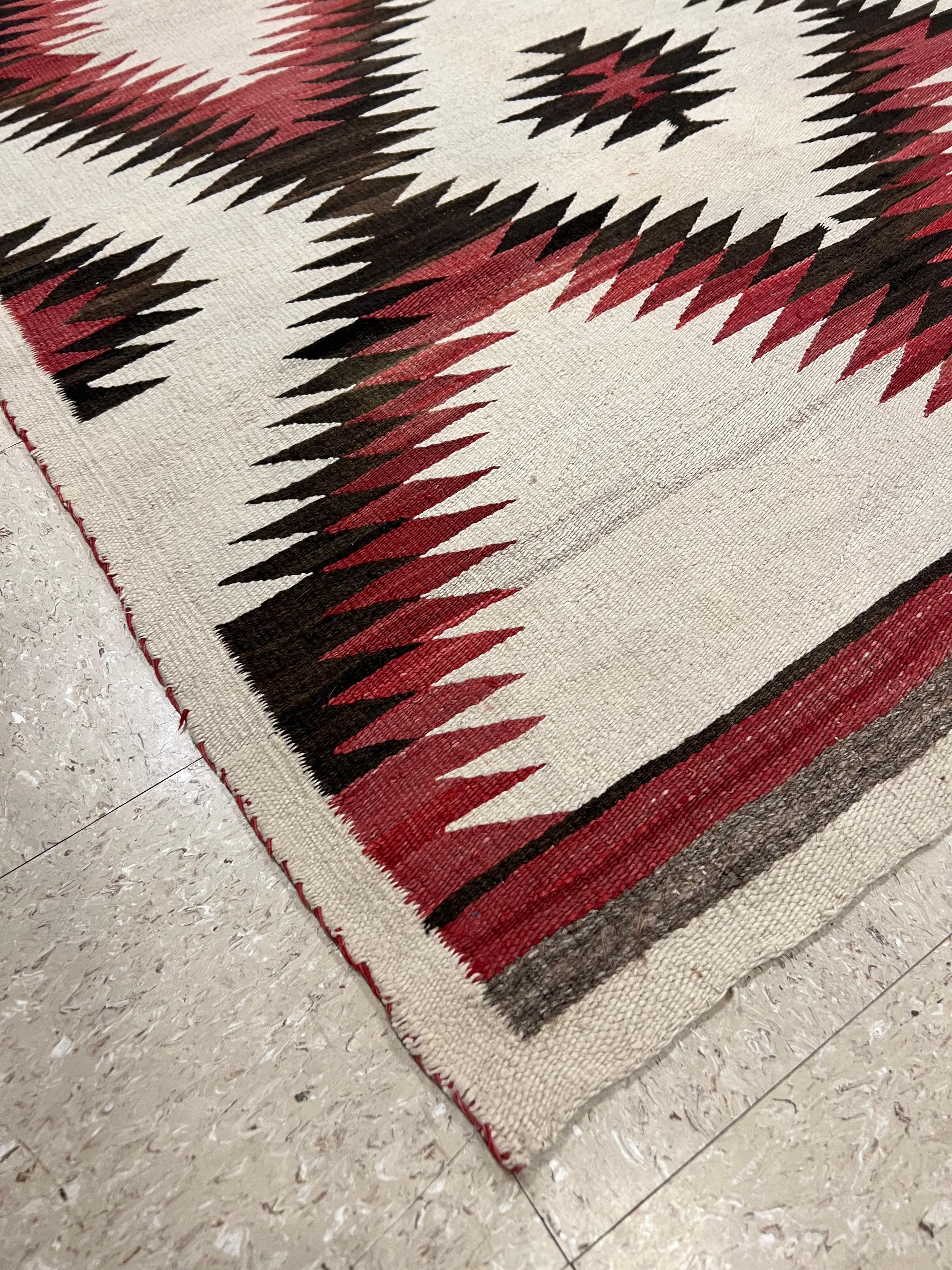 Antique Navajo Carpet, Folk Rug, Handmade Wool, Red, Black, Ivory, Brown 4
