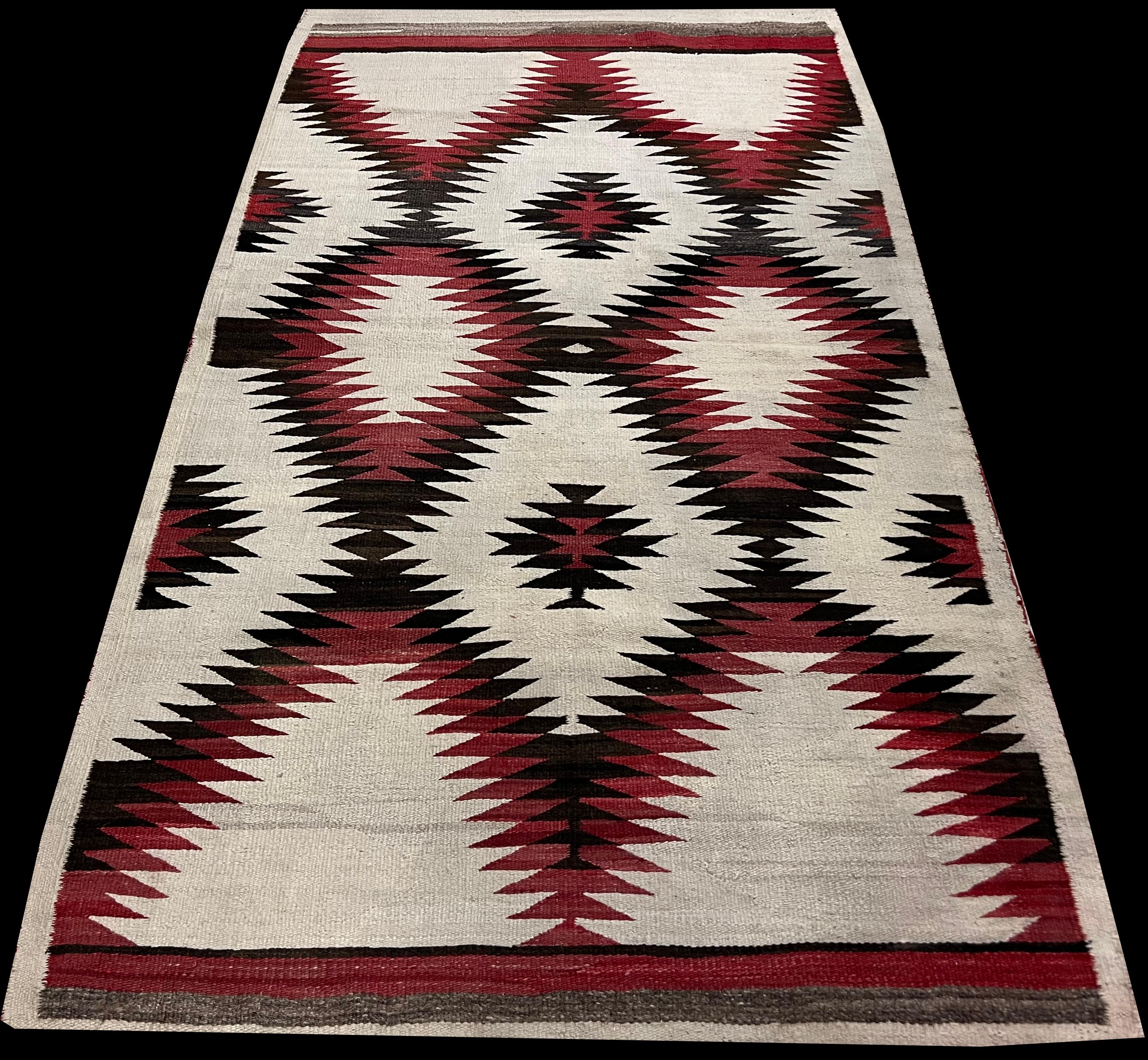 Antique Navajo Carpet, Folk Rug, Handmade Wool, Red, Black, Ivory, Brown 6