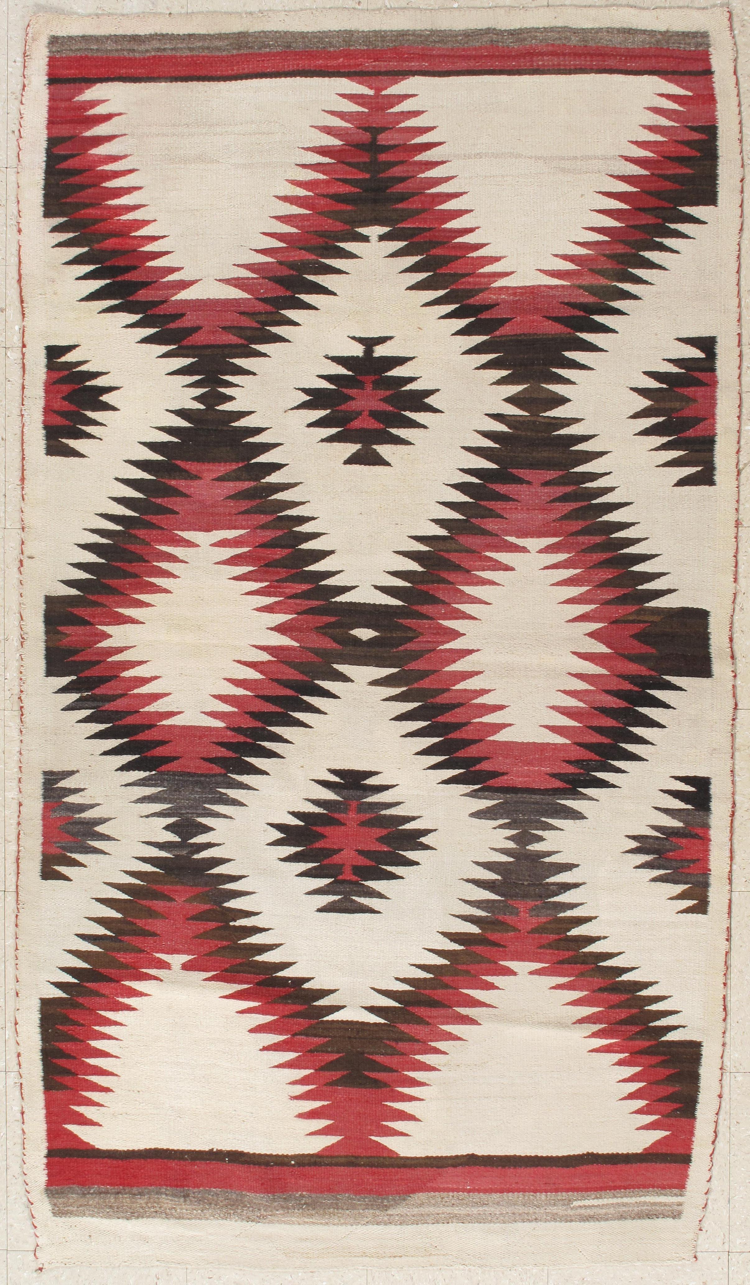 American Antique Navajo Carpet, Folk Rug, Handmade Wool, Red, Black, Ivory, Brown