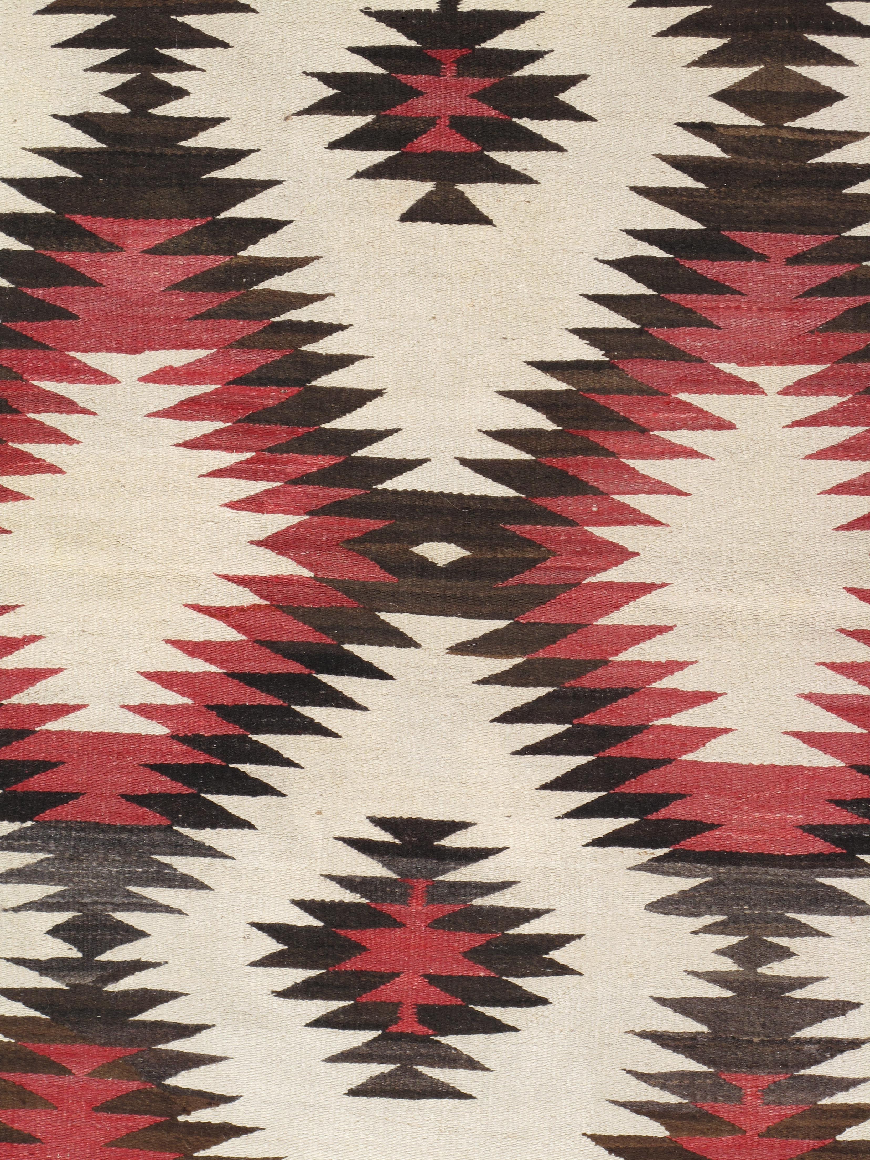 Hand-Woven Antique Navajo Carpet, Folk Rug, Handmade Wool, Red, Black, Ivory, Brown