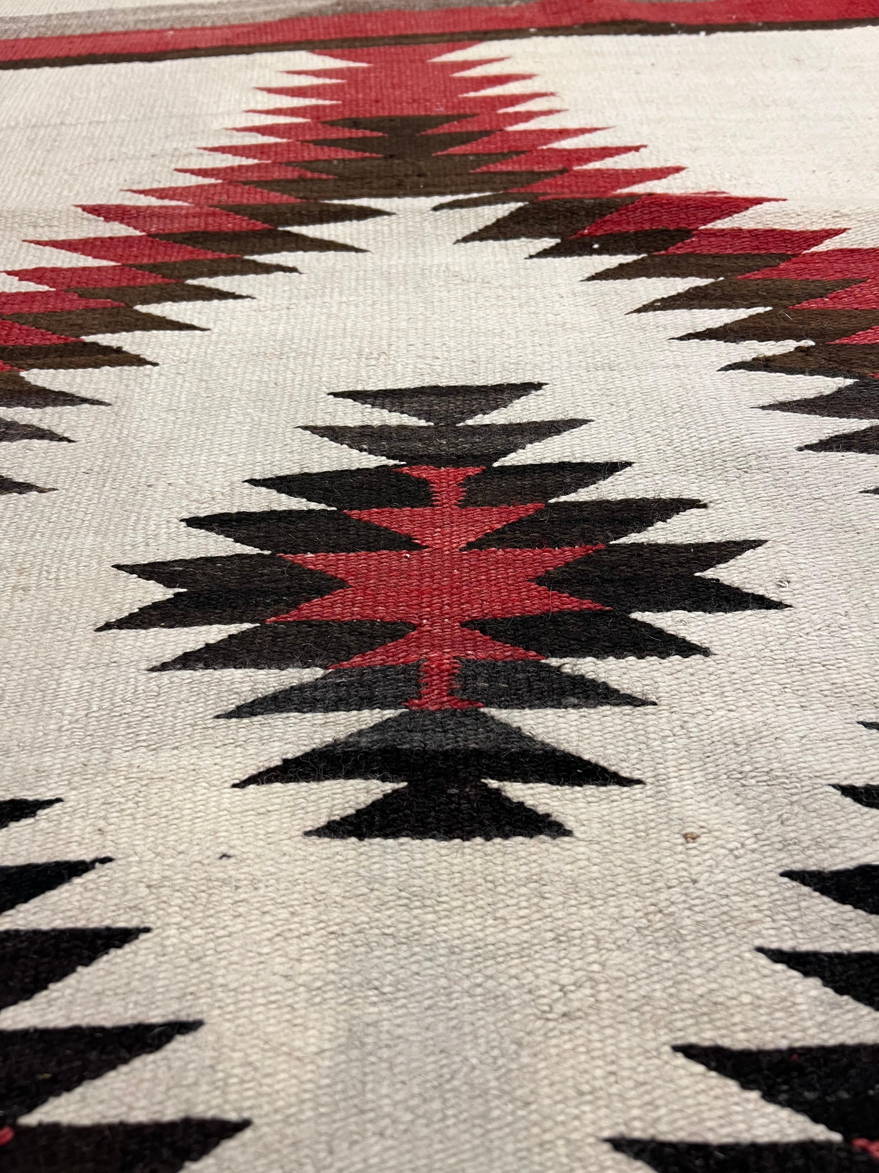 20th Century Antique Navajo Carpet, Folk Rug, Handmade Wool, Red, Black, Ivory, Brown