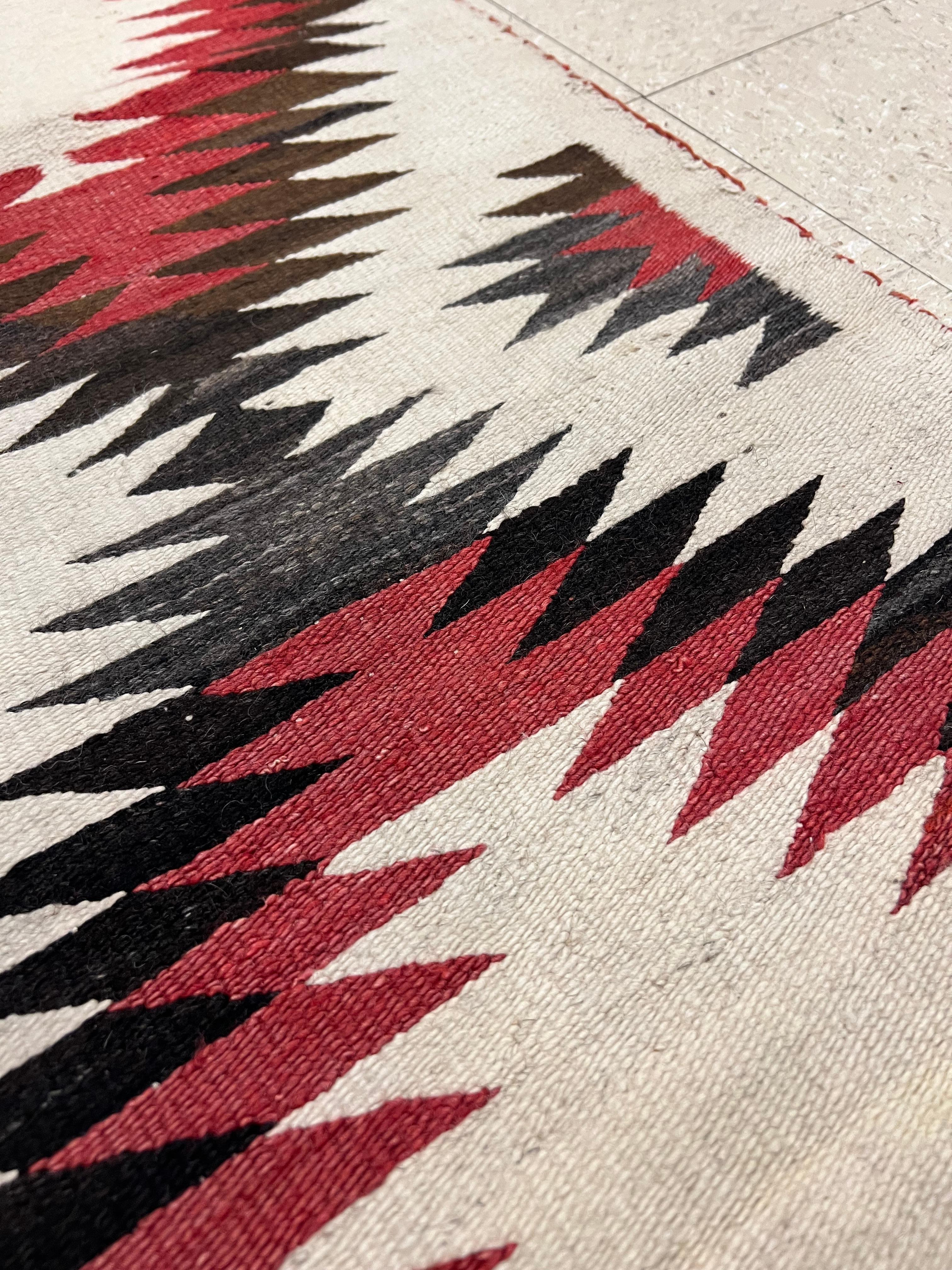 Antique Navajo Carpet, Folk Rug, Handmade Wool, Red, Black, Ivory, Brown 1